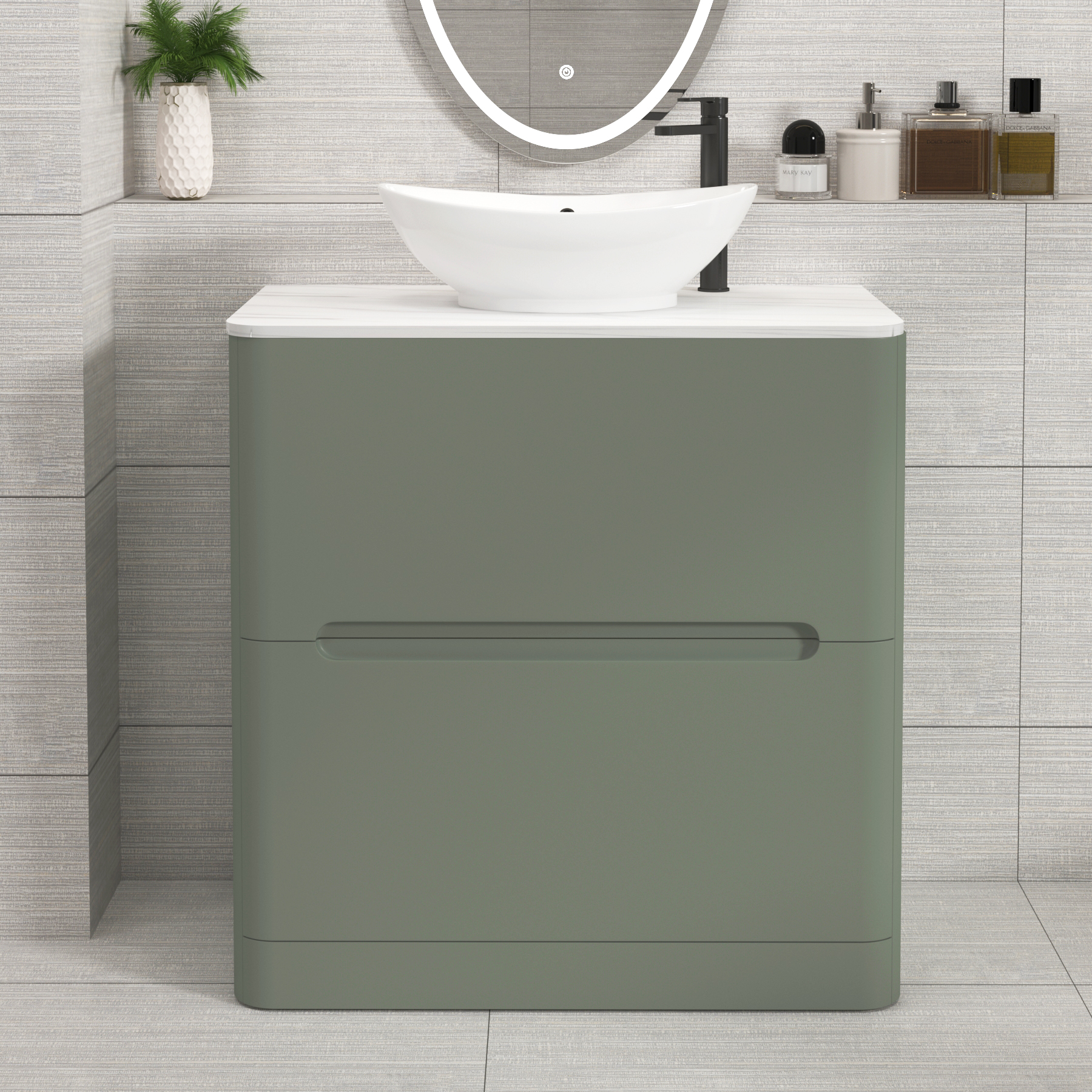 Venice Sage Green 2 Drawer Floor Standing Vanity Unit with Carrara White Undrilled Worktop & Various Countertop Basins