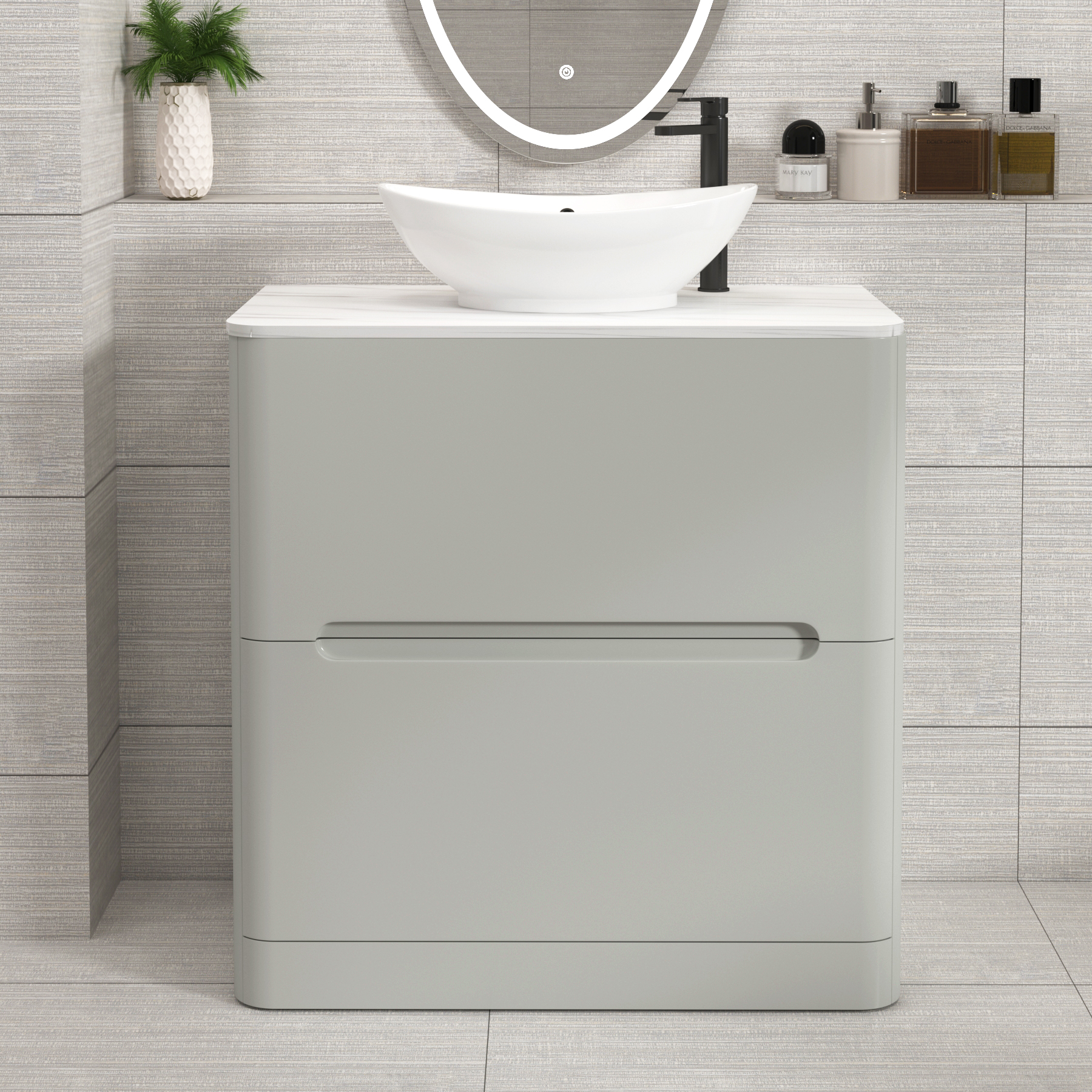 Venice Dove Grey 2 Drawer Floor Standing Vanity Unit with Carrara White Undrilled Worktop & Various Countertop Basins