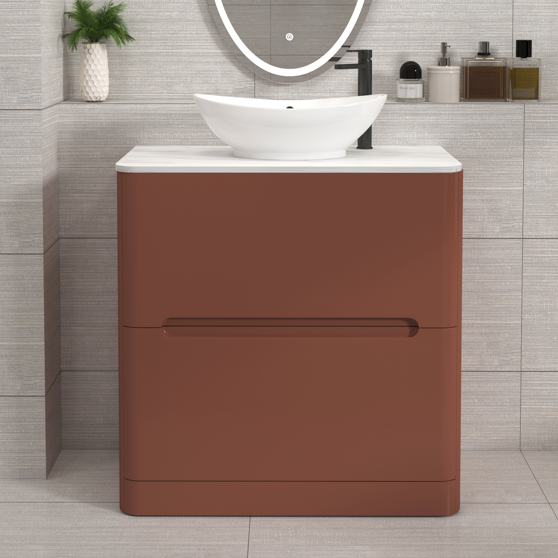 Venice Terracotta Clay 2 Drawer Floor Standing Vanity Unit with Carrara White Undrilled Worktop & Various Countertop Basins