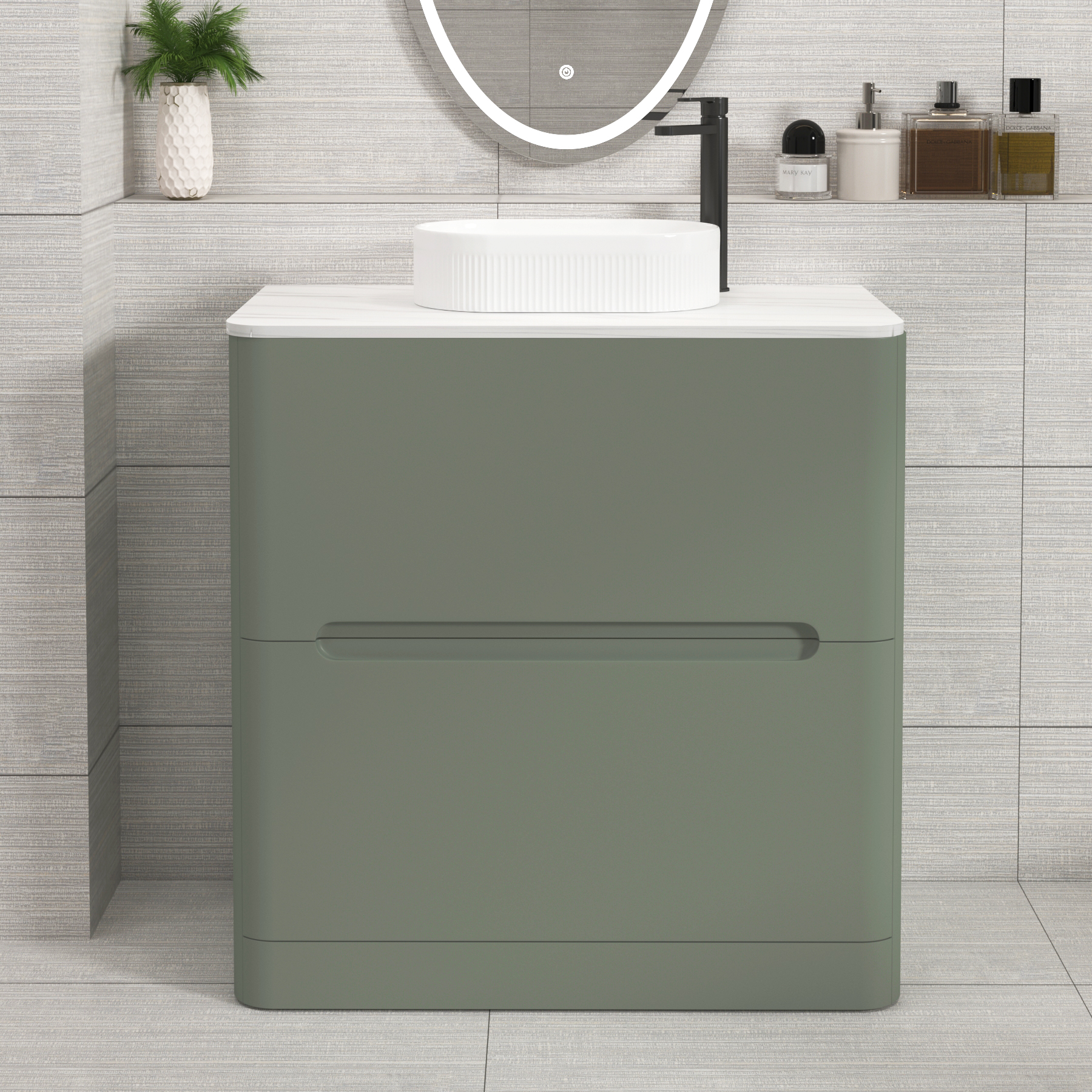 Venice Sage Green 2 Drawer Floor Standing Vanity Unit with Carrara White Undrilled Worktop & Various Countertop Basins