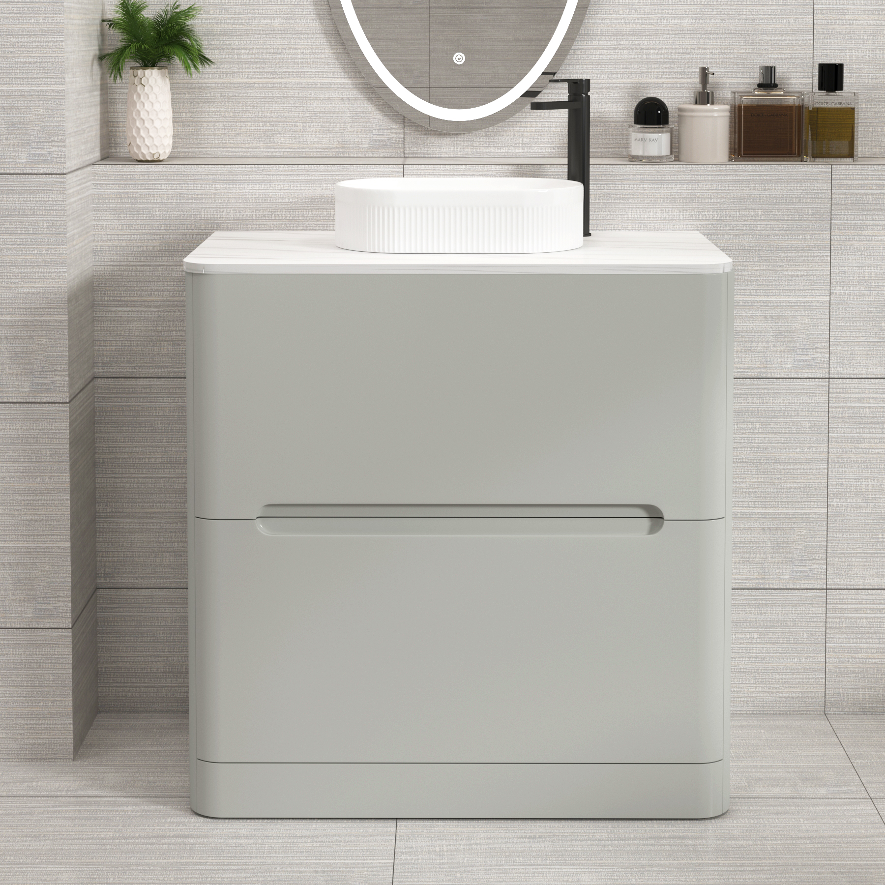 Venice Dove Grey 2 Drawer Floor Standing Vanity Unit with Carrara White Undrilled Worktop & Various Countertop Basins