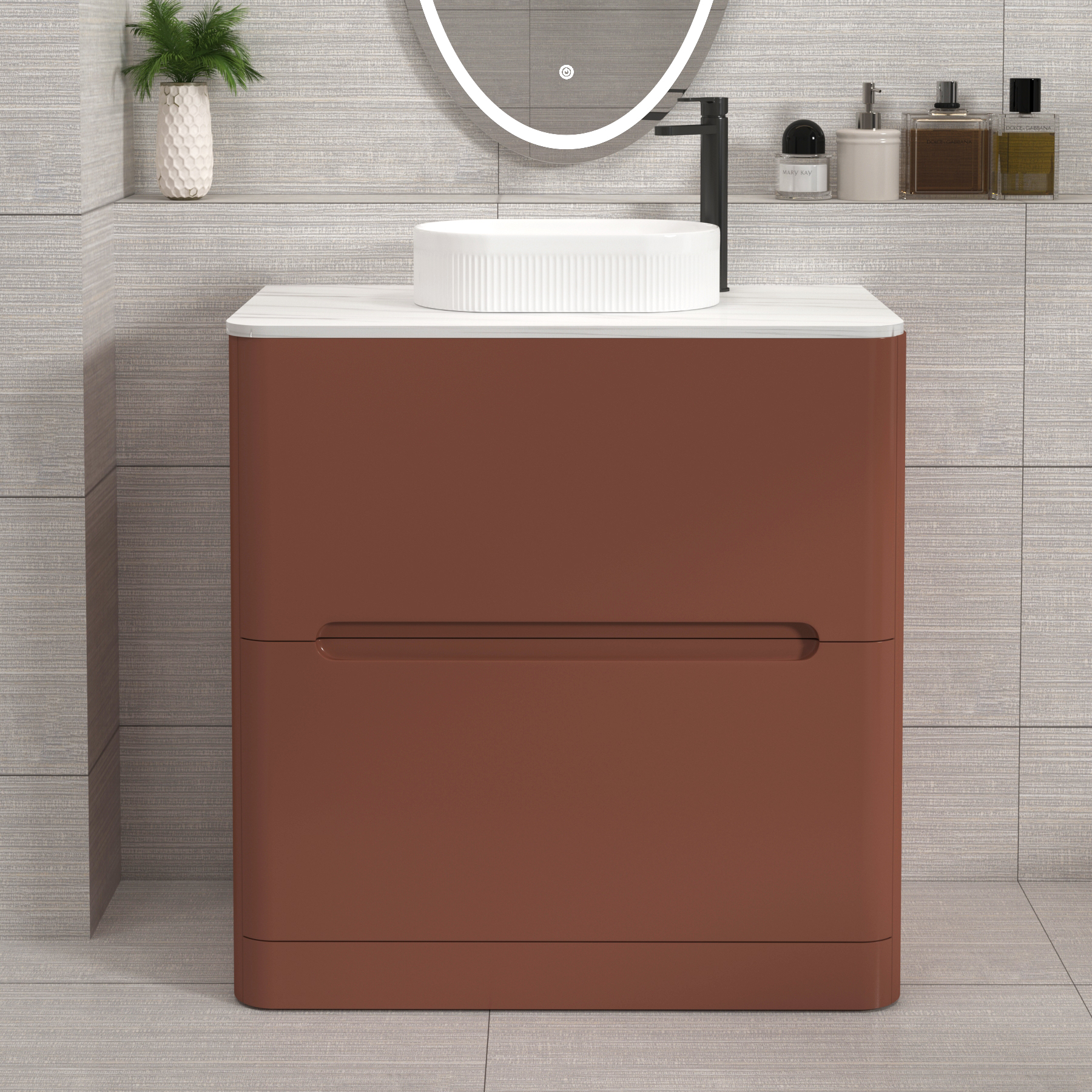 Venice Terracotta Clay 2 Drawer Floor Standing Vanity Unit with Carrara White Undrilled Worktop & Various Countertop Basins