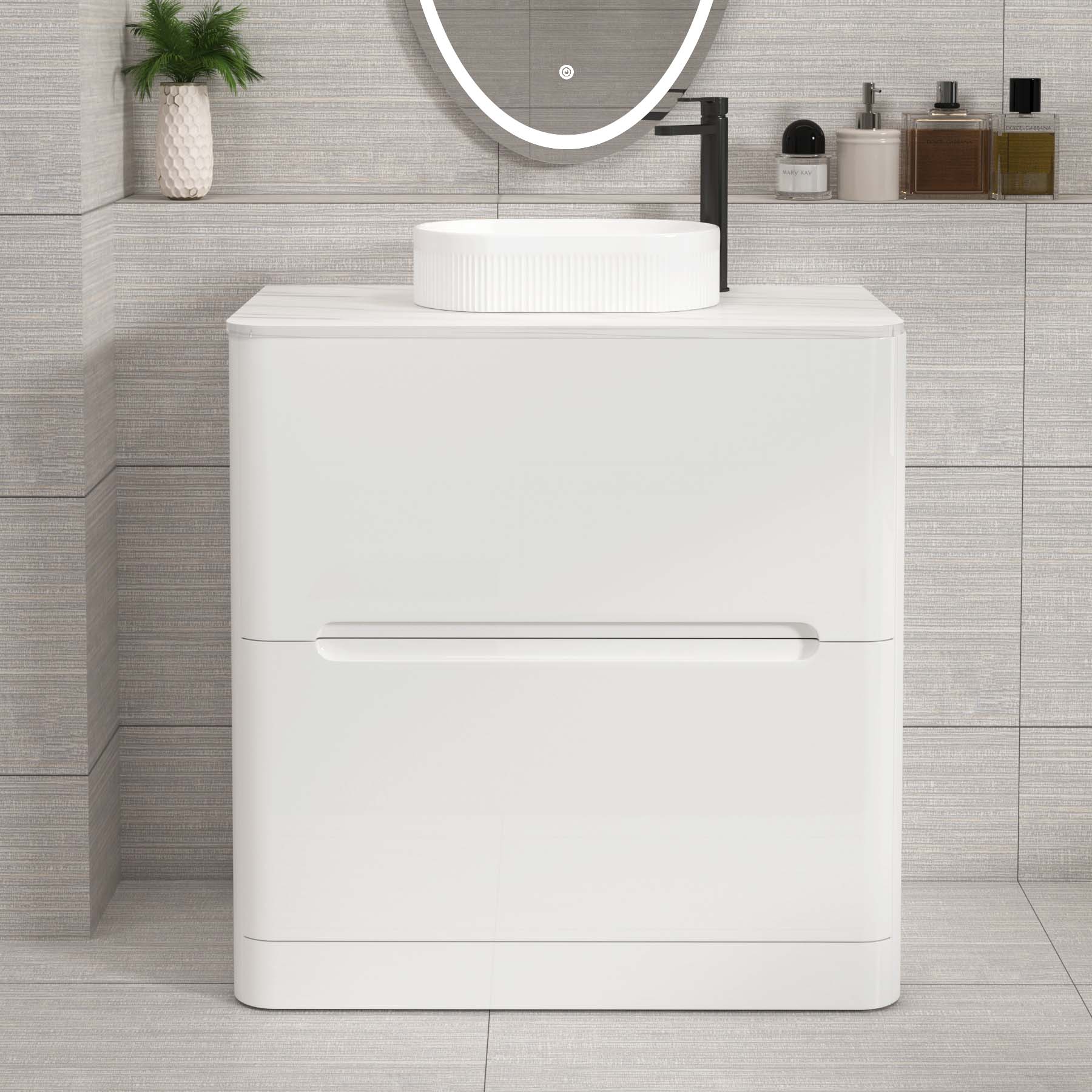 Venice Gloss White 2 Drawer Floor Standing Vanity Unit with Carrara White Undrilled Worktop & Various Countertop Basins