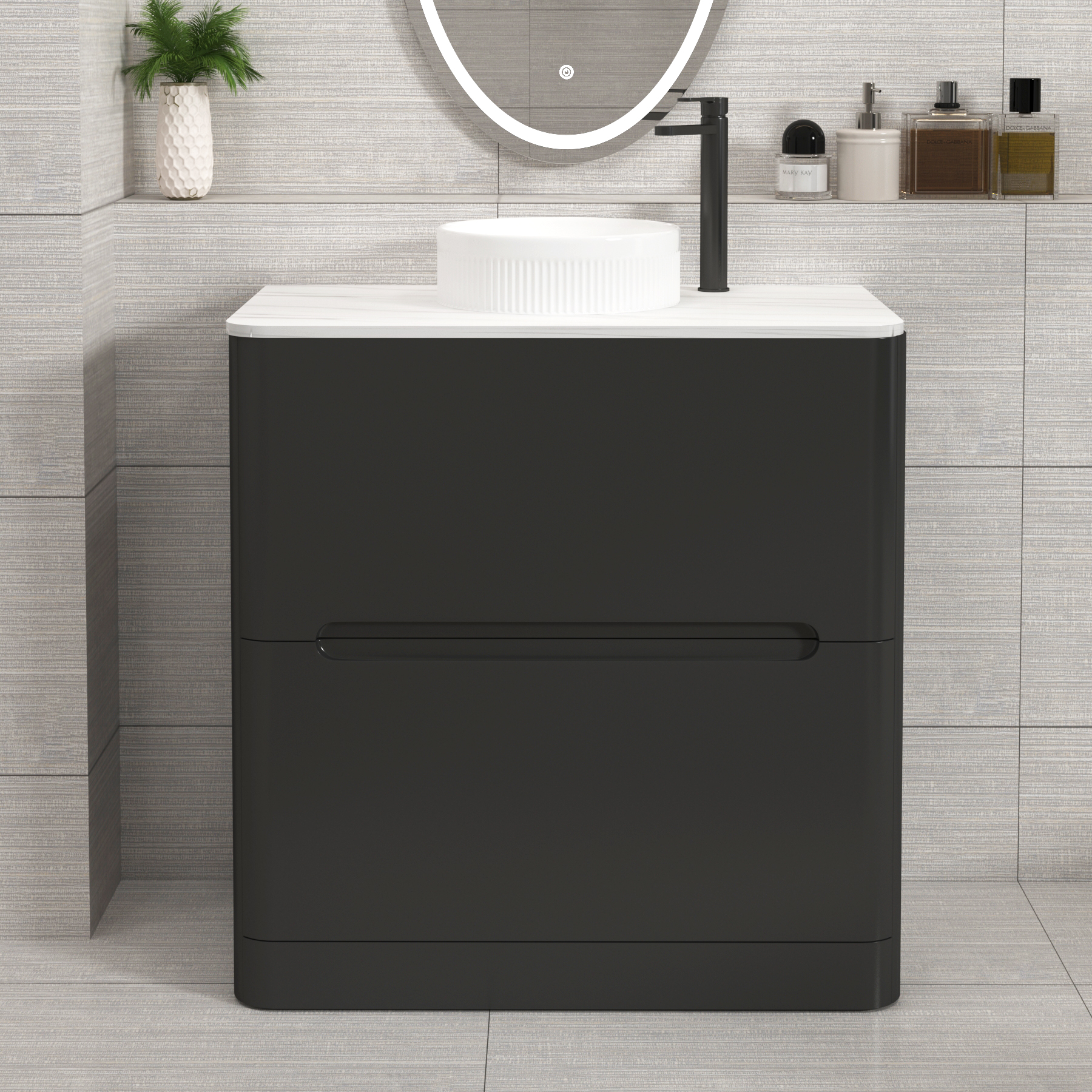 Venice Matt Nocturne Black 2 Drawer Floor Standing Vanity Unit with Carrara White Undrilled Worktop & Various Countertop Basins