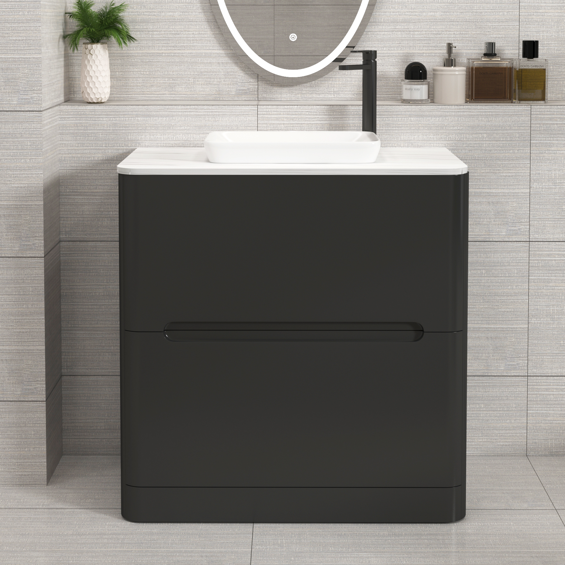 Venice Matt Nocturne Black 2 Drawer Floor Standing Vanity Unit with Carrara White Undrilled Worktop & Various Countertop Basins