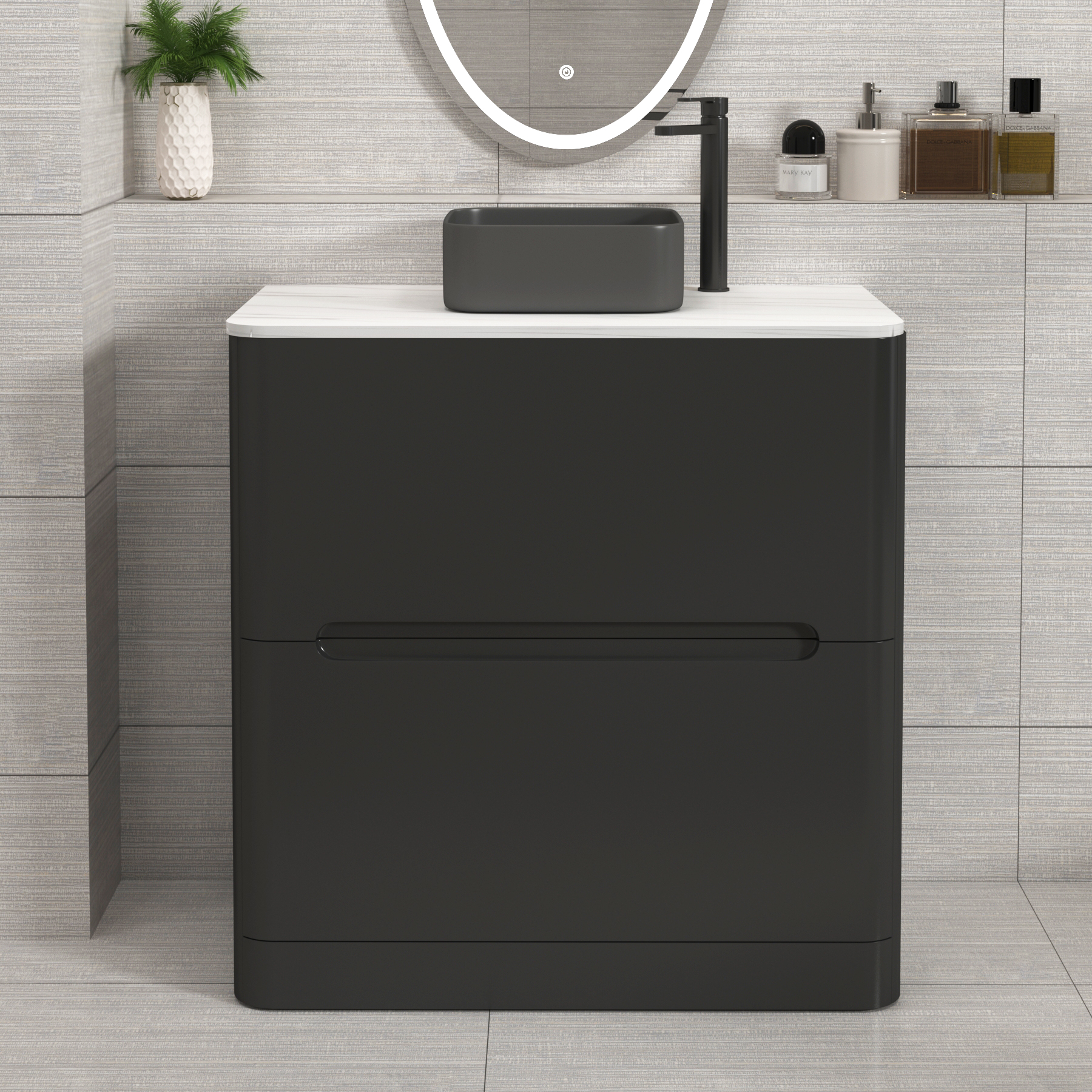 Venice Matt Nocturne Black 2 Drawer Floor Standing Vanity Unit with Carrara White Undrilled Worktop & Various Countertop Basins