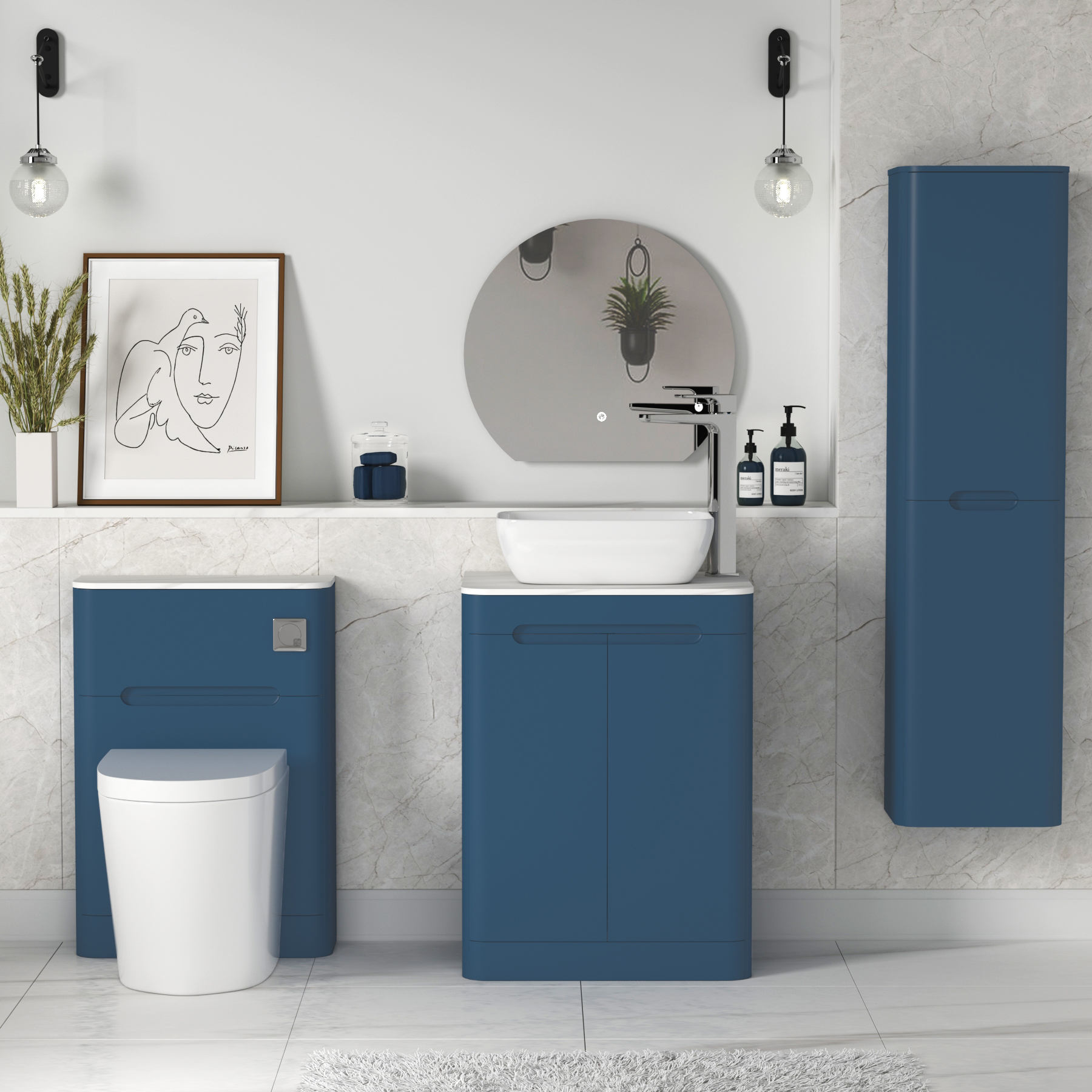Venice 600mm Satin Blue Floor Standing Vanity Unit 2 Door with Carrara