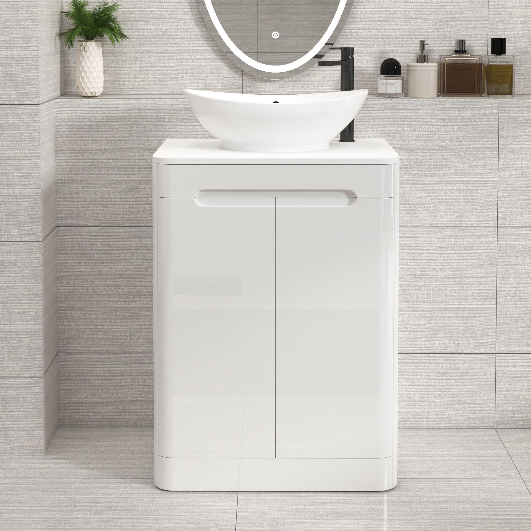 Venice Gloss White Floor Standing Vanity Unit 2 Door with Plain White Undrilled Worktop & Various Countertop Basins