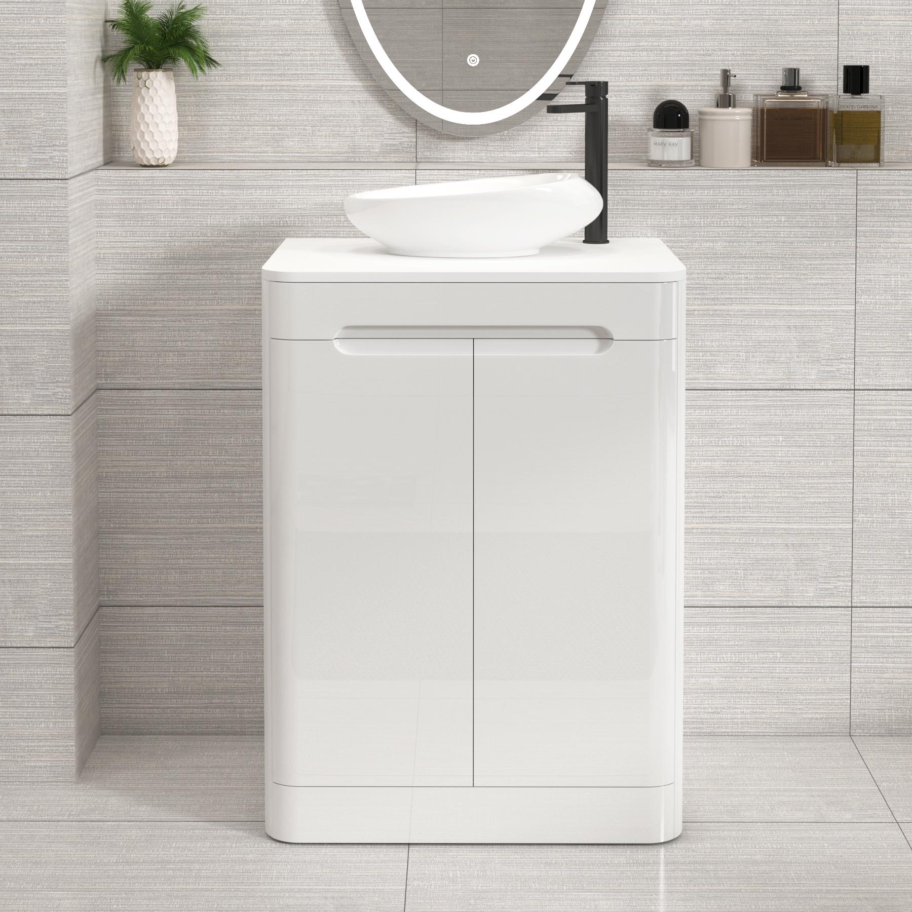 Venice 600mm Gloss White Floor Standing Vanity Unit 2 Door Plain White Worktop with Nova Basin 