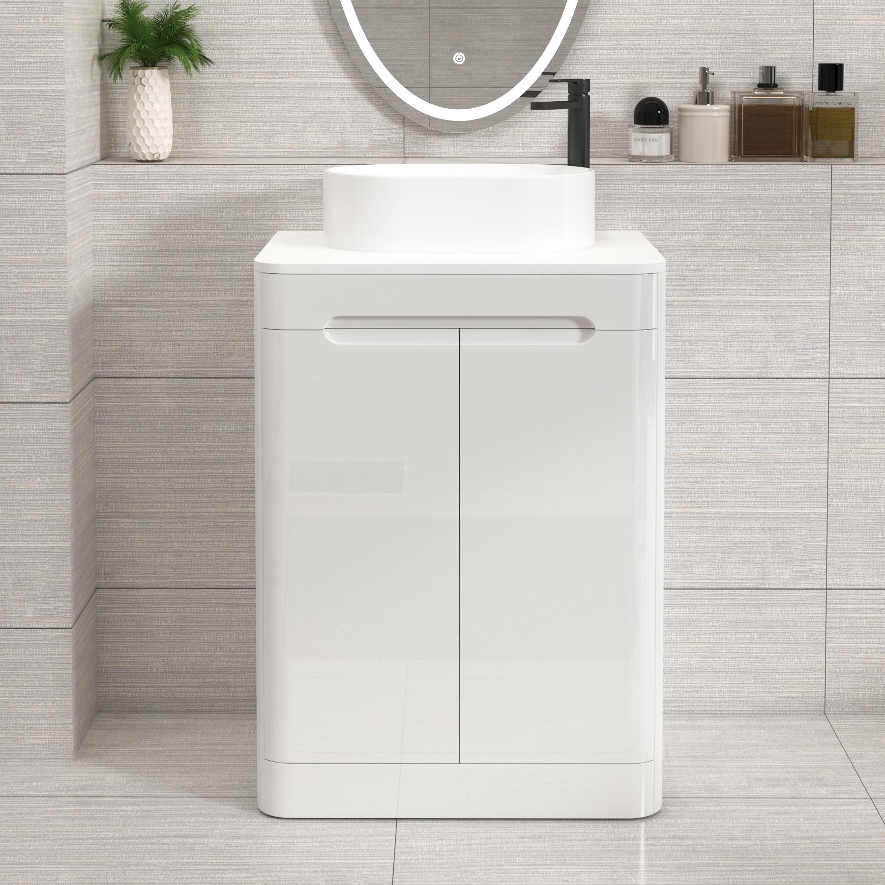 Venice 600mm Gloss White Floor Standing Vanity Unit 2 Door Plain White Worktop with Peak Basin 