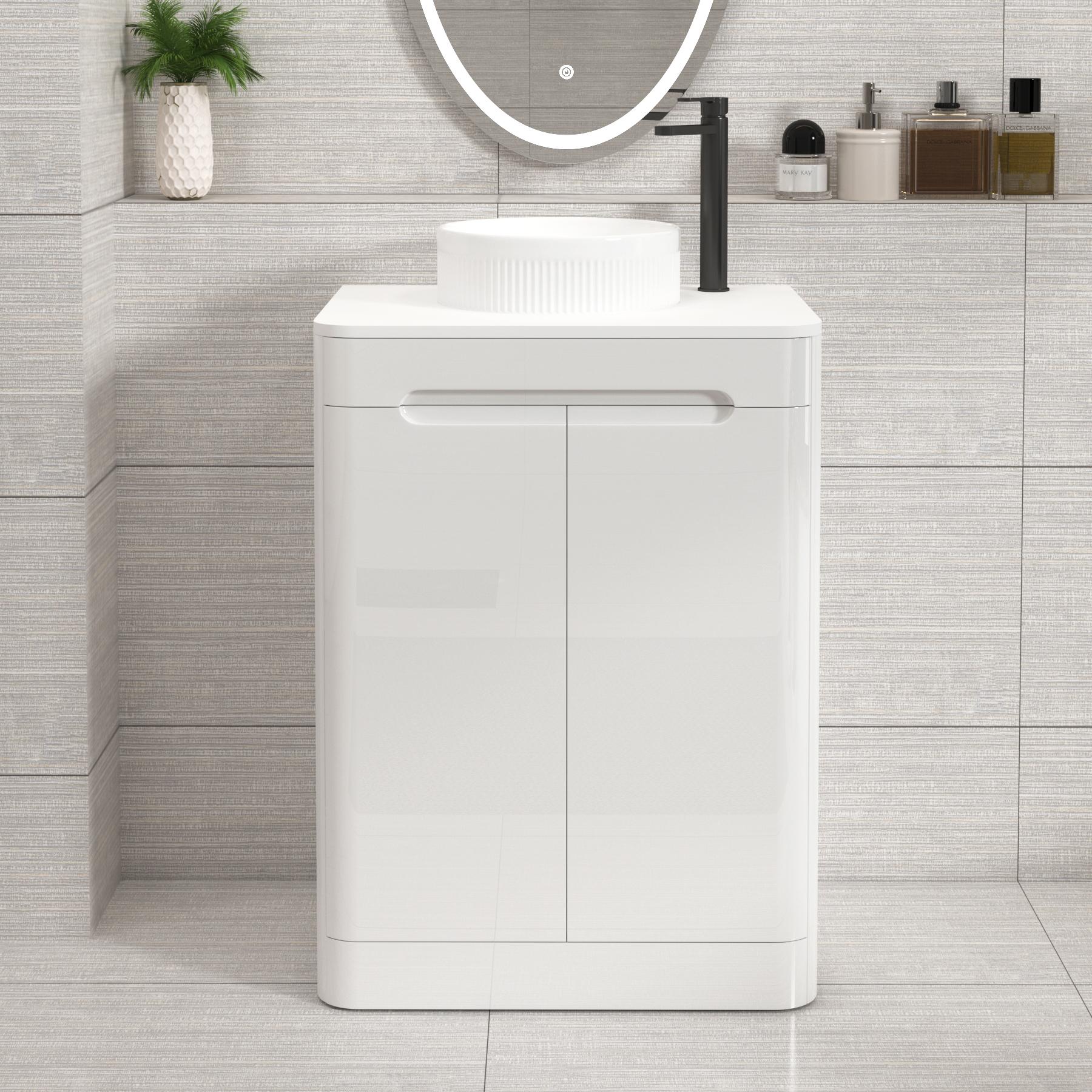 Venice 600mm Gloss White Floor Standing Vanity Unit 2 Door Plain White Worktop with Round Basin 