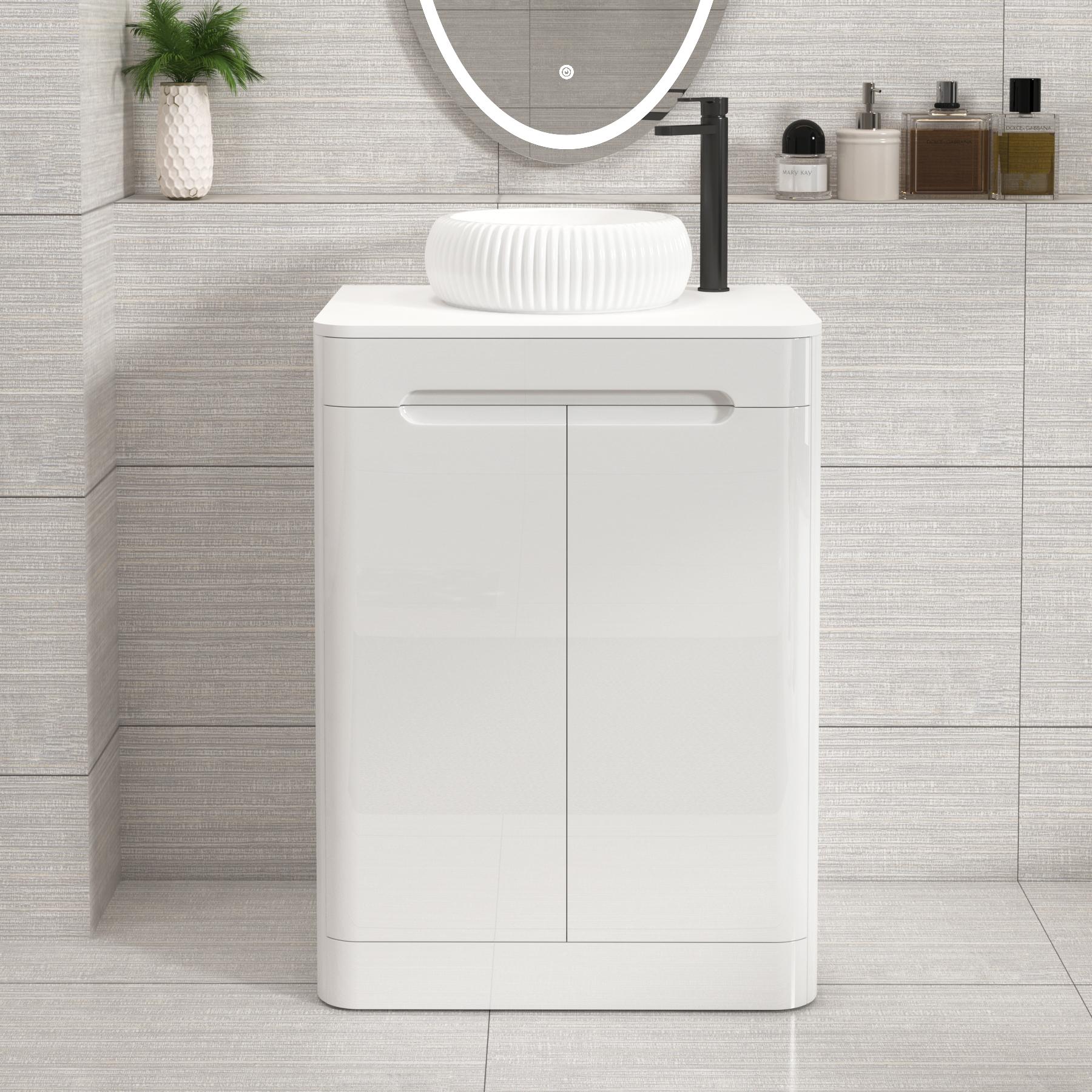 Venice 600mm Gloss White Floor Standing Vanity Unit 2 Door Plain White Worktop with Milan Basin 