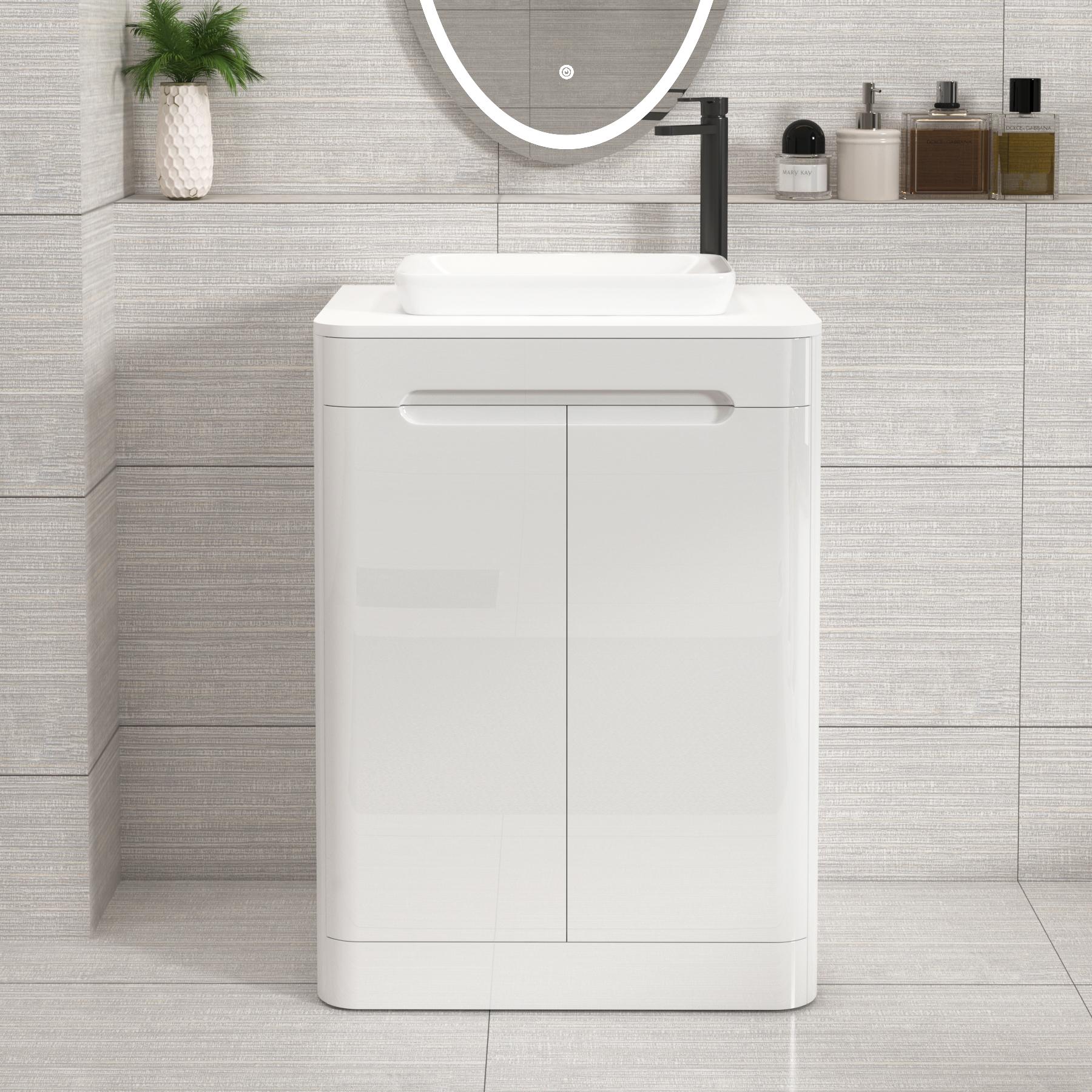 Venice 600mm Gloss White Floor Standing Vanity Unit 2 Door Plain White Worktop with Qubix Basin 