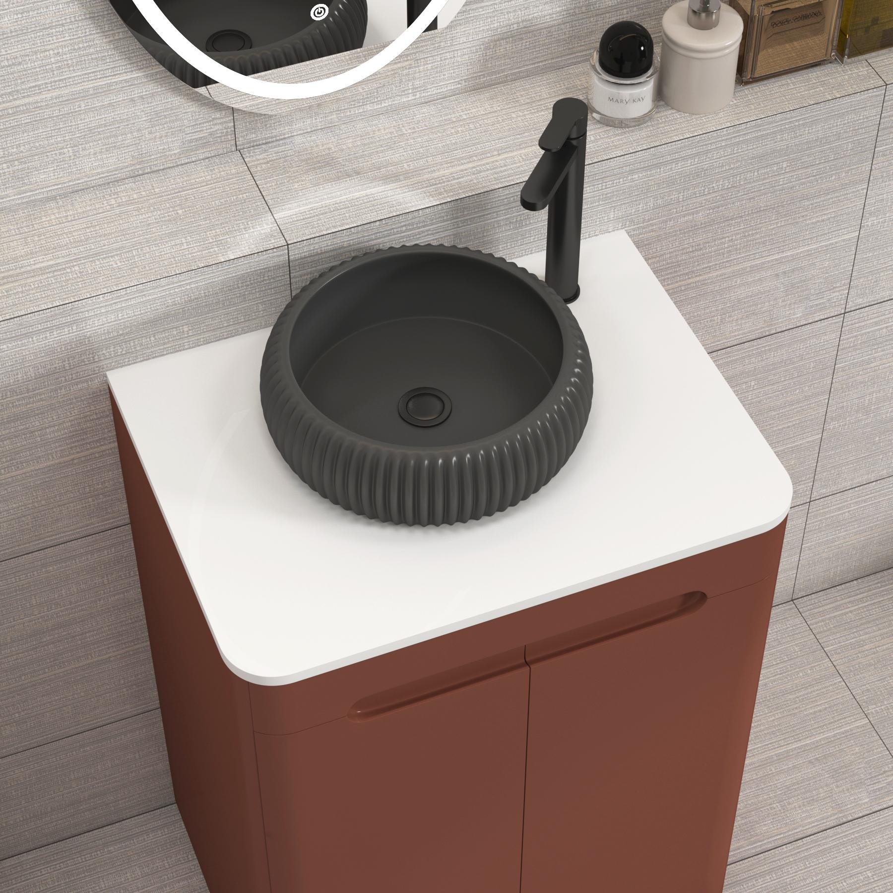 Venice 600mm Terracotta Clay Floor Standing Vanity Unit 2 Door Plain White Worktop with Milan Black Basin 