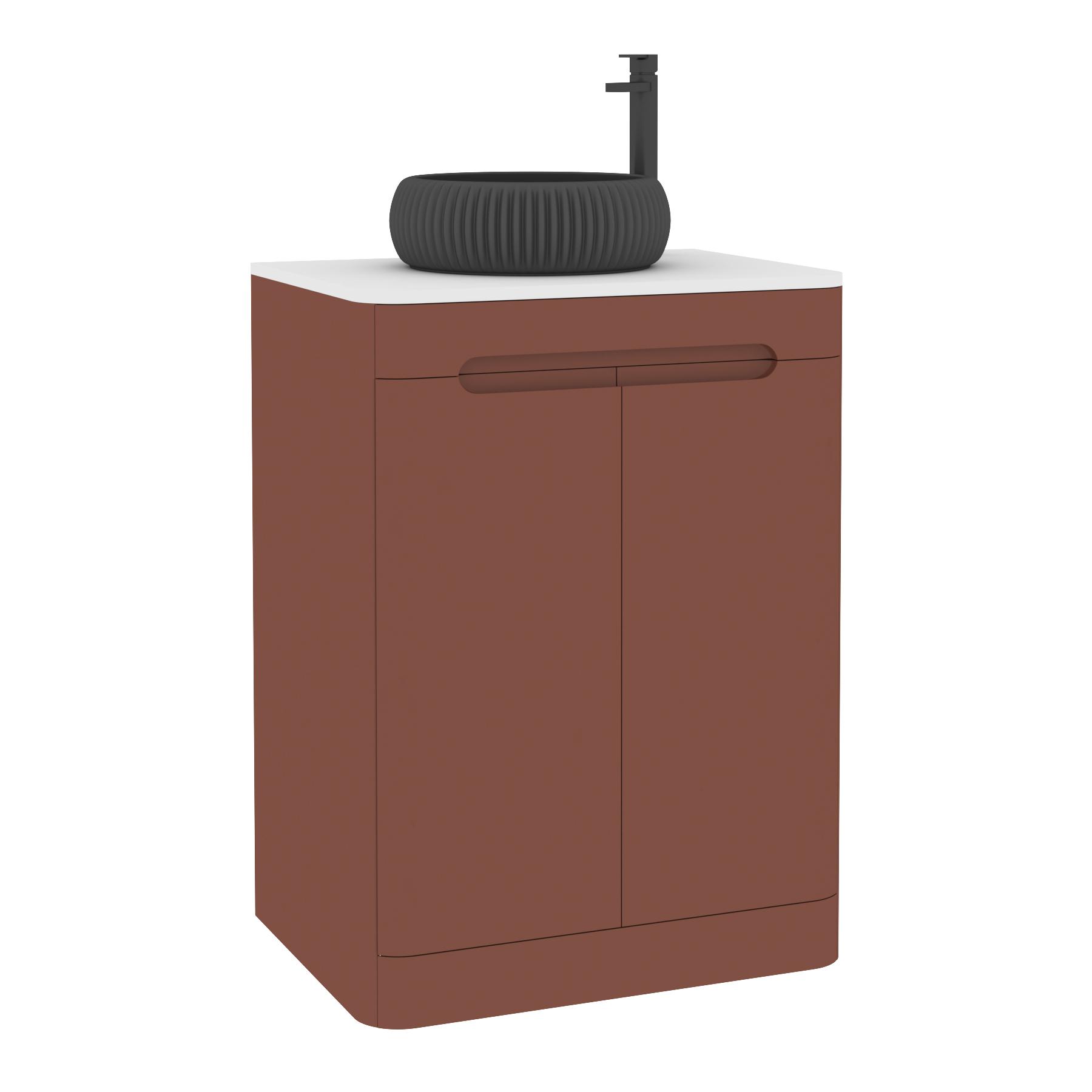 Venice 600mm Terracotta Clay Floor Standing Vanity Unit 2 Door Plain White Worktop with Milan Black Basin 