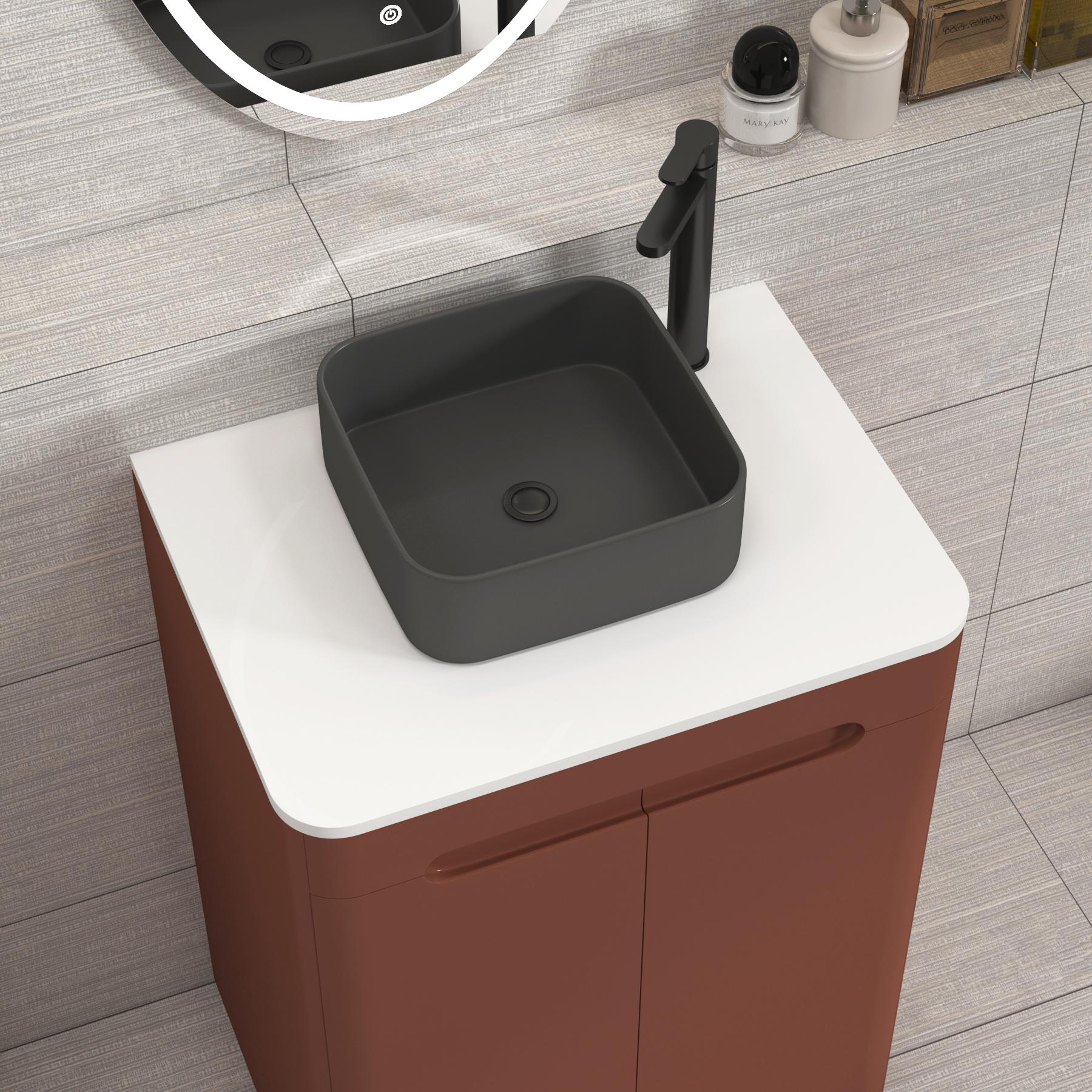 Venice 600mm Terracotta Clay Floor Standing Vanity Unit 2 Door Plain White Worktop with Art Square Basin 