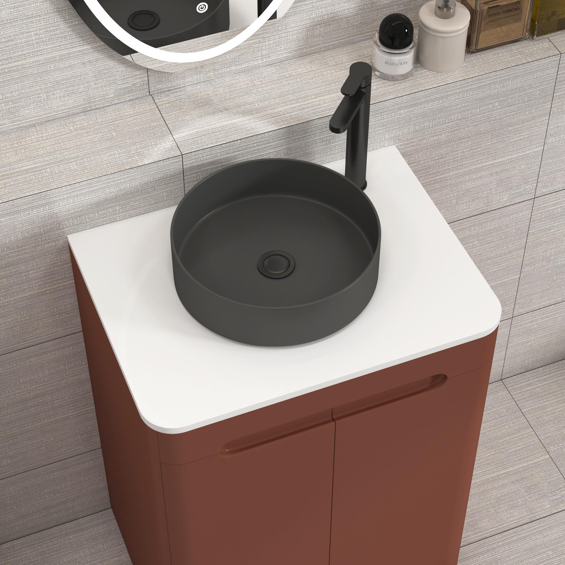 Venice 600mm Terracotta Clay Floor Standing Vanity Unit 2 Door Plain White Worktop with Art Round Basin 