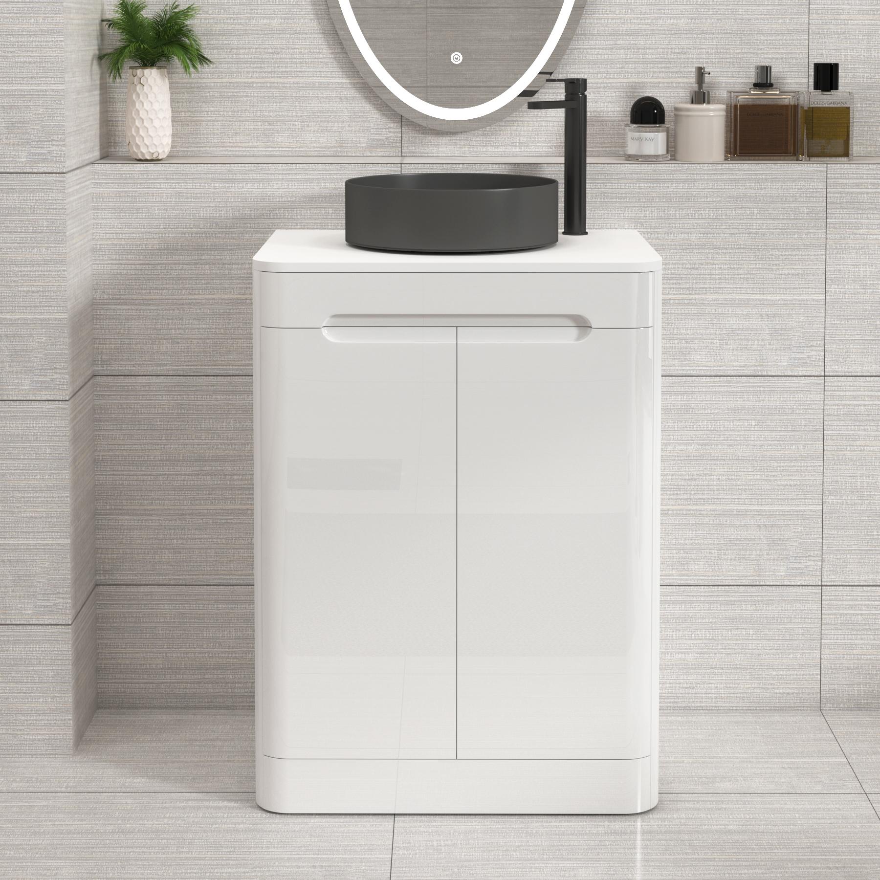 Venice 600mm Gloss White Floor Standing Vanity Unit 2 Door Plain White Worktop with Art Round Basin 