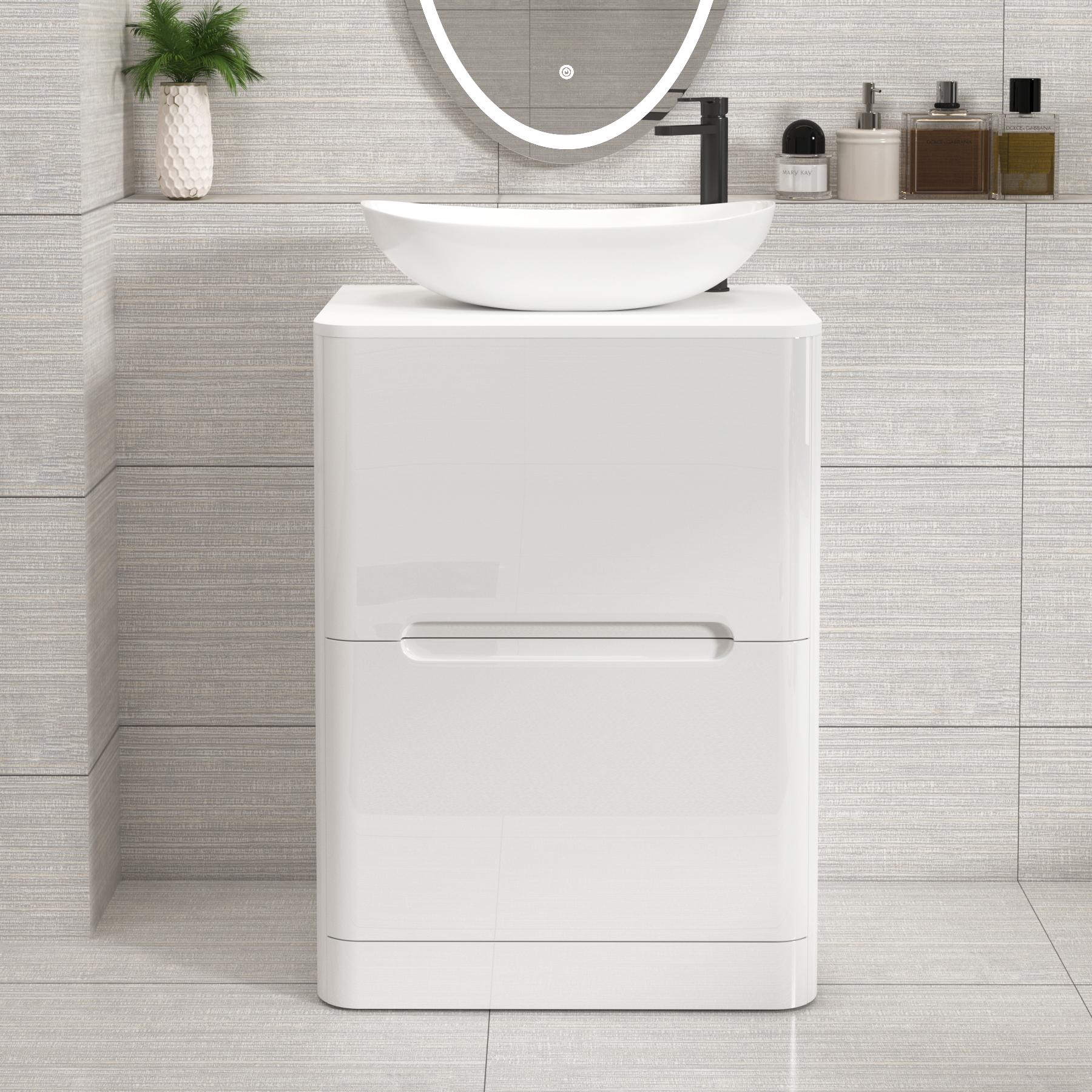 Venice Gloss White Floor Standing Vanity Unit 2 Drawer with Plain White Undrilled Worktop & Various Countertop Basins