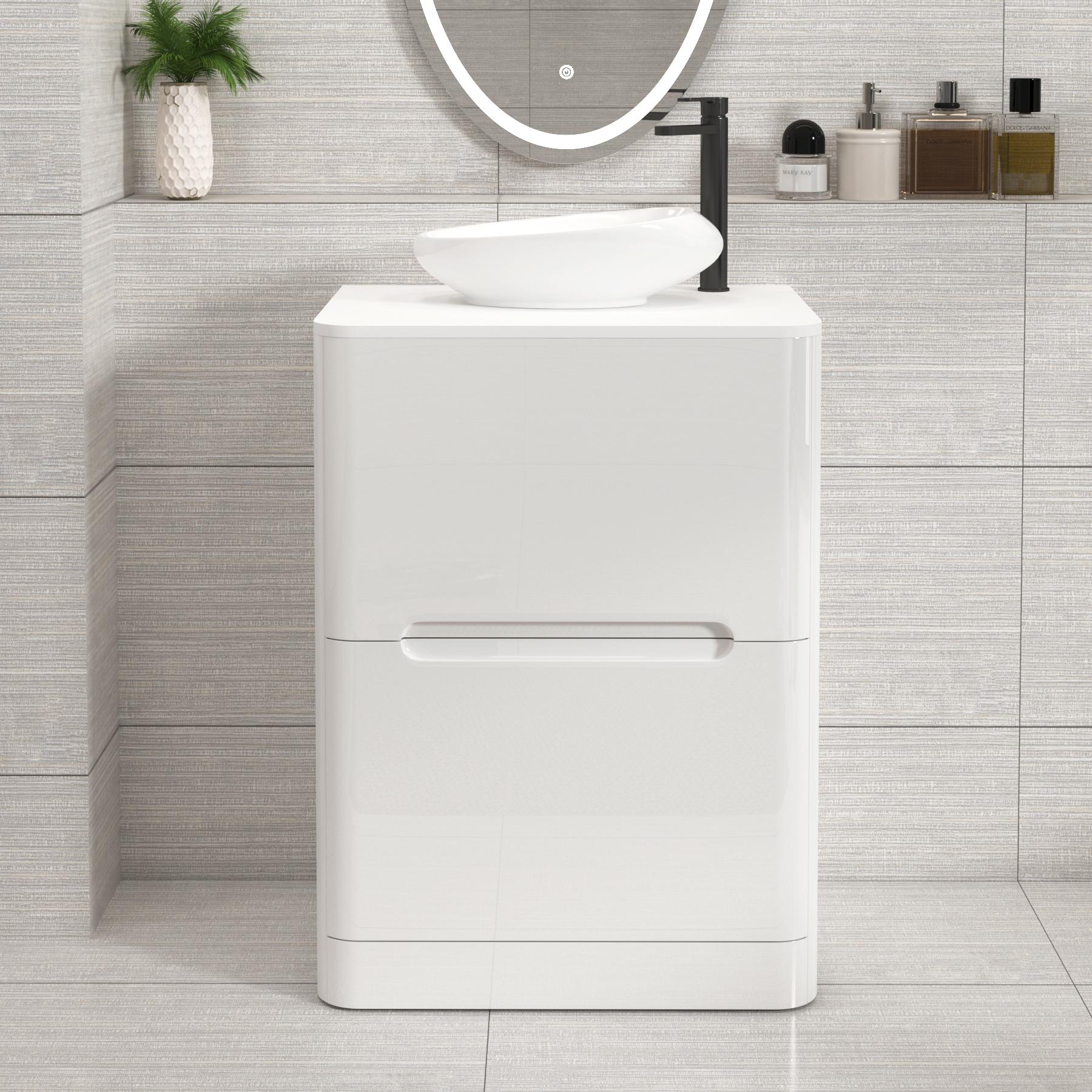 Venice 600mm Gloss White Floor Standing Vanity Unit 2 Drawer Plain White Worktop with Nova Basin 