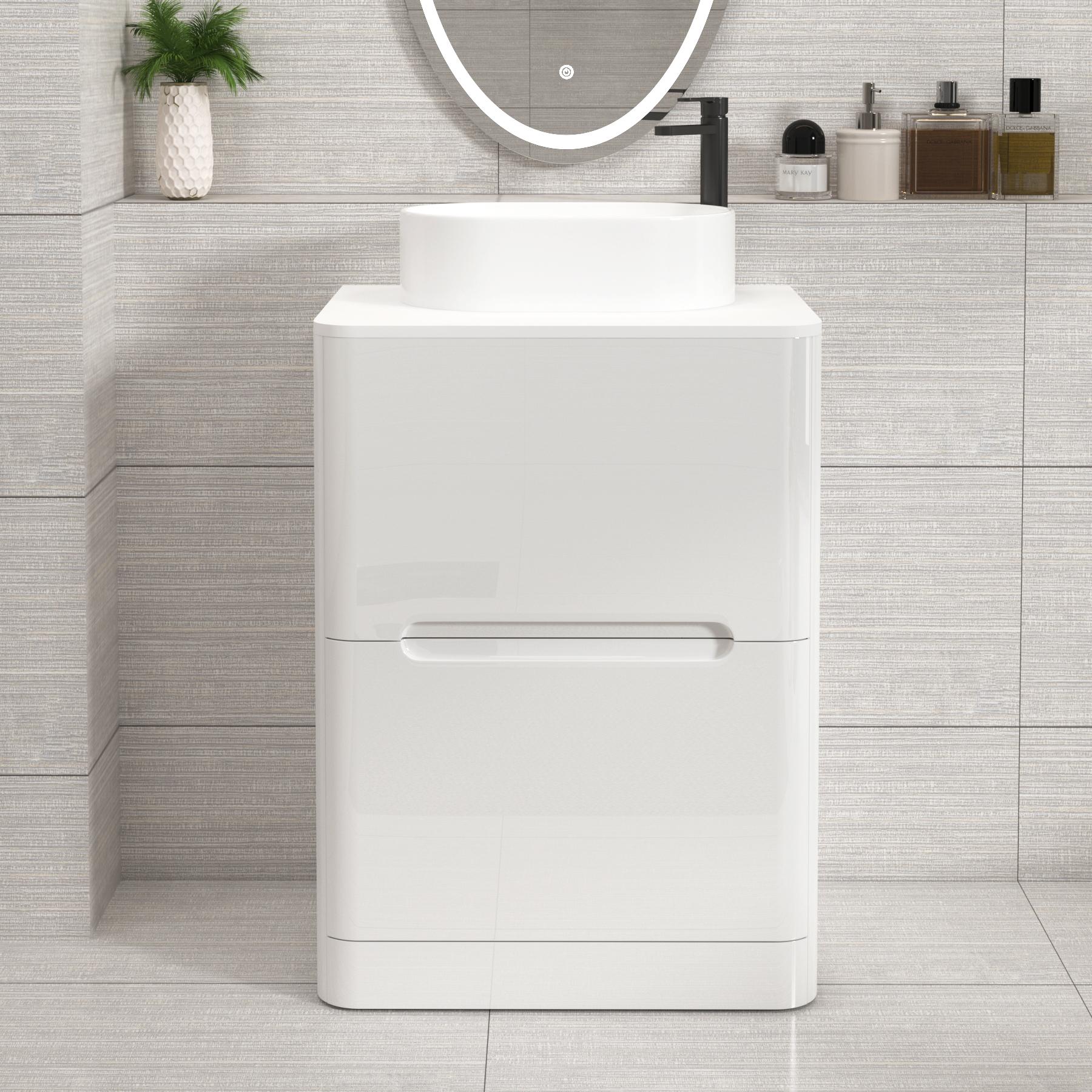 Venice 600mm Gloss White Floor Standing Vanity Unit 2 Drawer Plain White Worktop with Peak Basin 