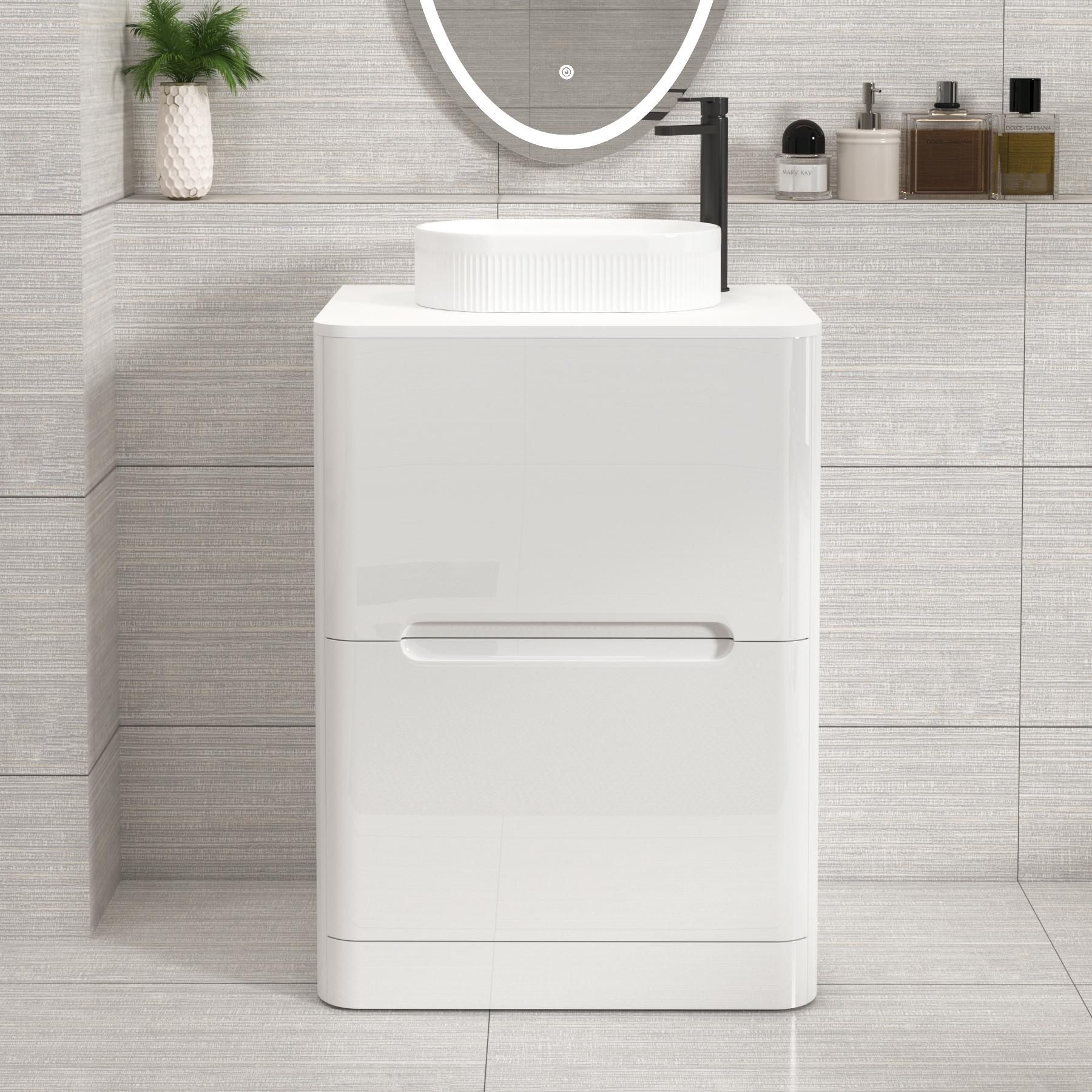 Venice Gloss White Floor Standing Vanity Unit 2 Drawer with Plain White Undrilled Worktop & Various Countertop Basins