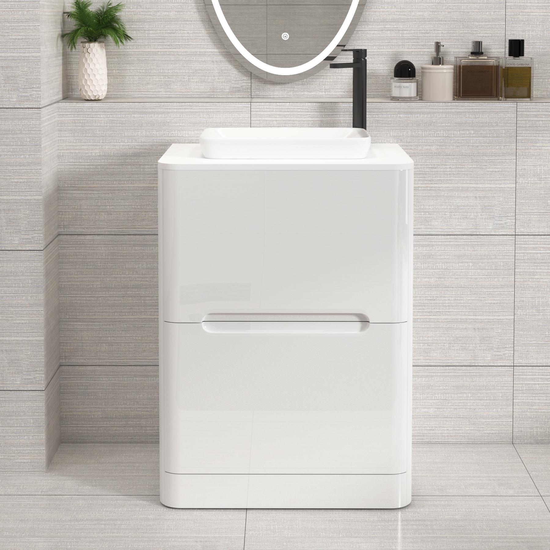 Venice 600mm Gloss White Floor Standing Vanity Unit 2 Drawer Plain White Worktop with Qubix Basin 