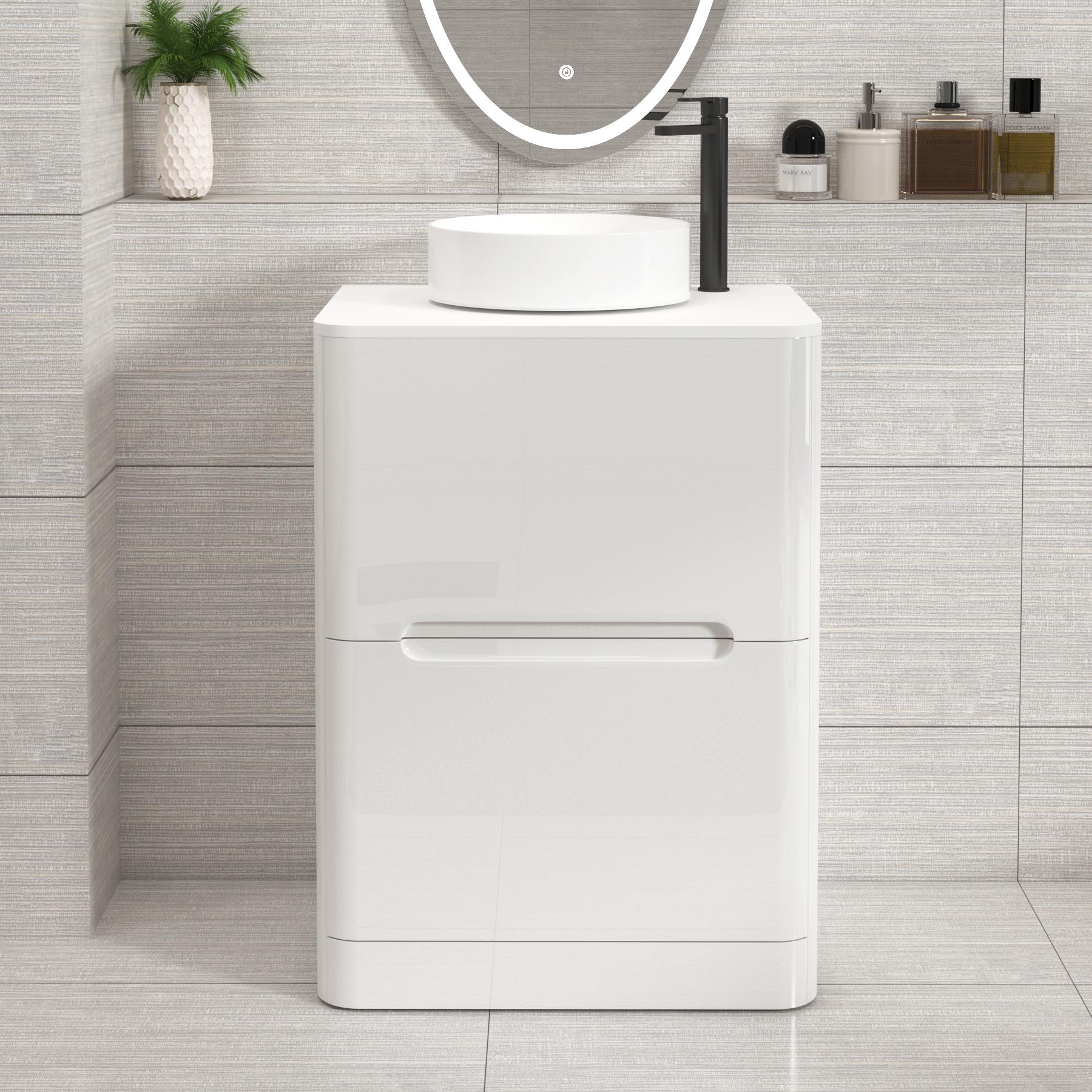 Venice 600mm Gloss White Floor Standing Vanity Unit 2 Drawer with Plain White Worktop