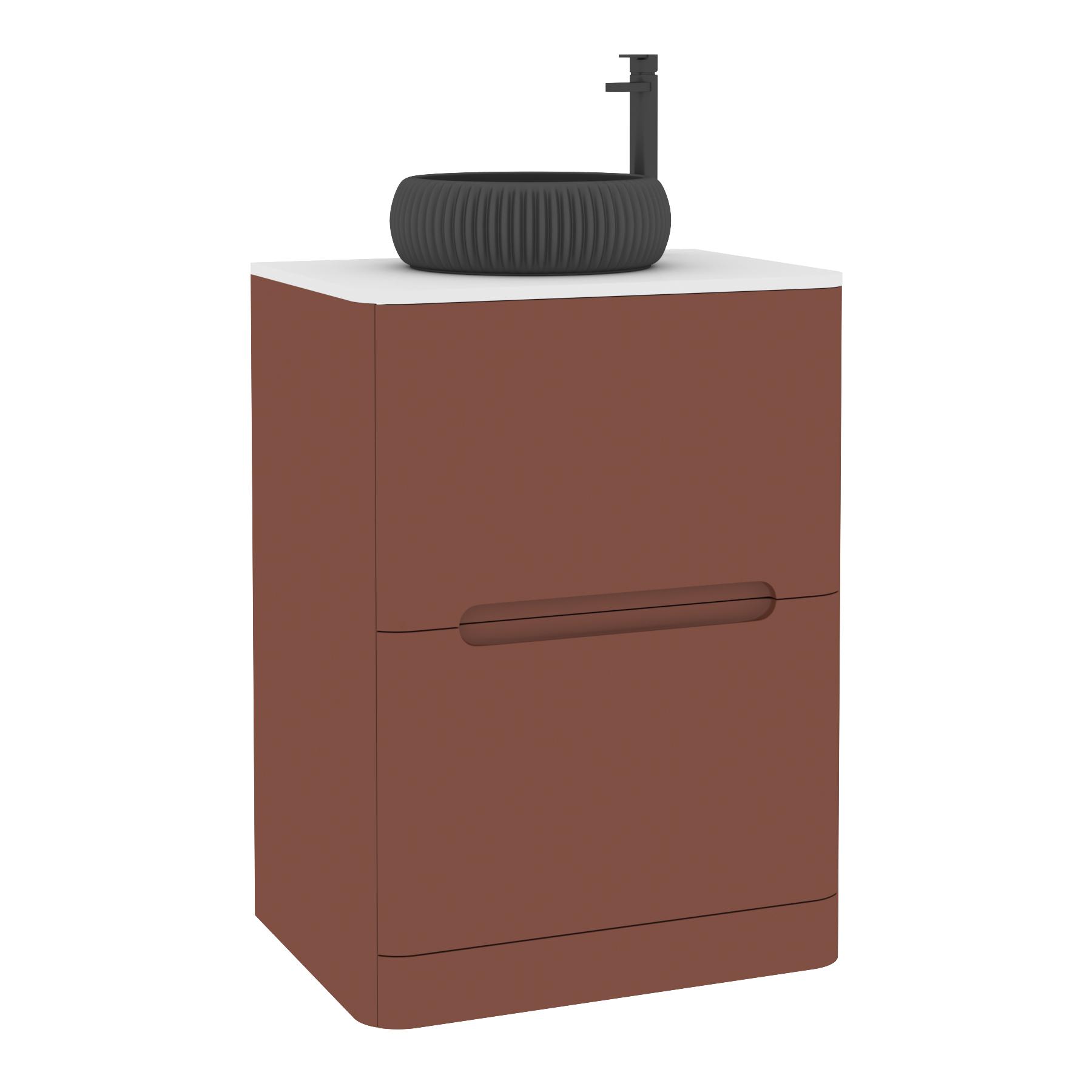 Venice 600mm Terracotta Clay Floor Standing Vanity Unit 2 Drawer Plain White Worktop with Milan Black Basin 