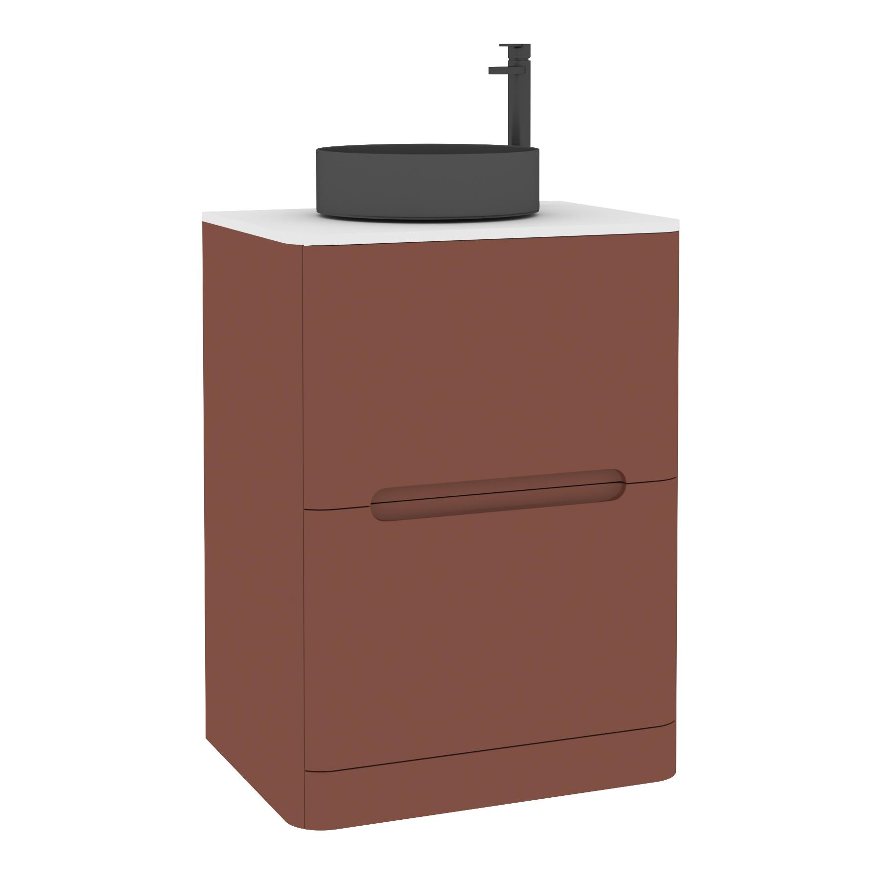Venice 600mm Terracotta Clay Floor Standing Vanity Unit 2 Drawer Plain White Worktop with Art Round Basin 