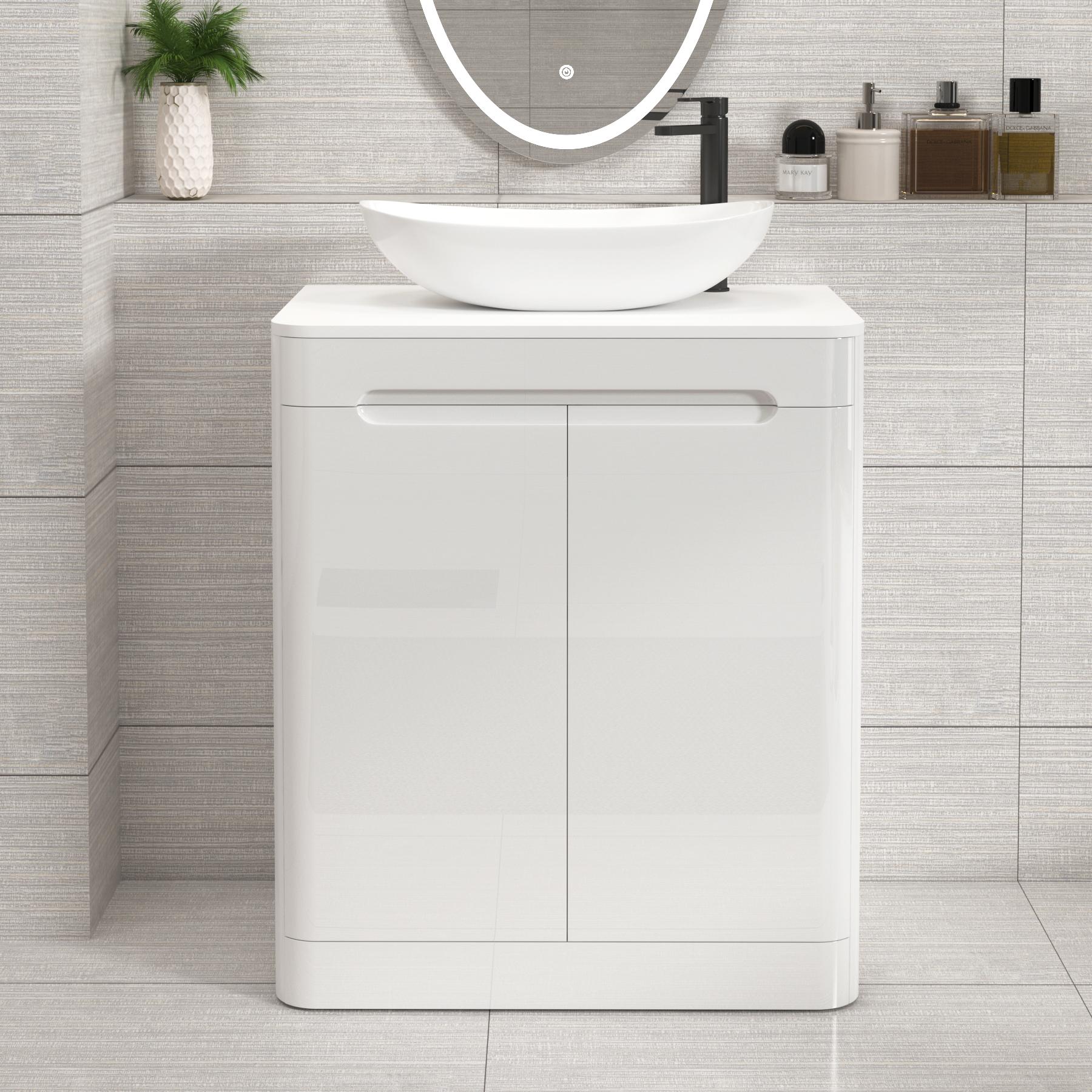 Venice Gloss White Floor Standing Vanity Unit 2 Door with Plain White Undrilled Worktop & Various Countertop Basins
