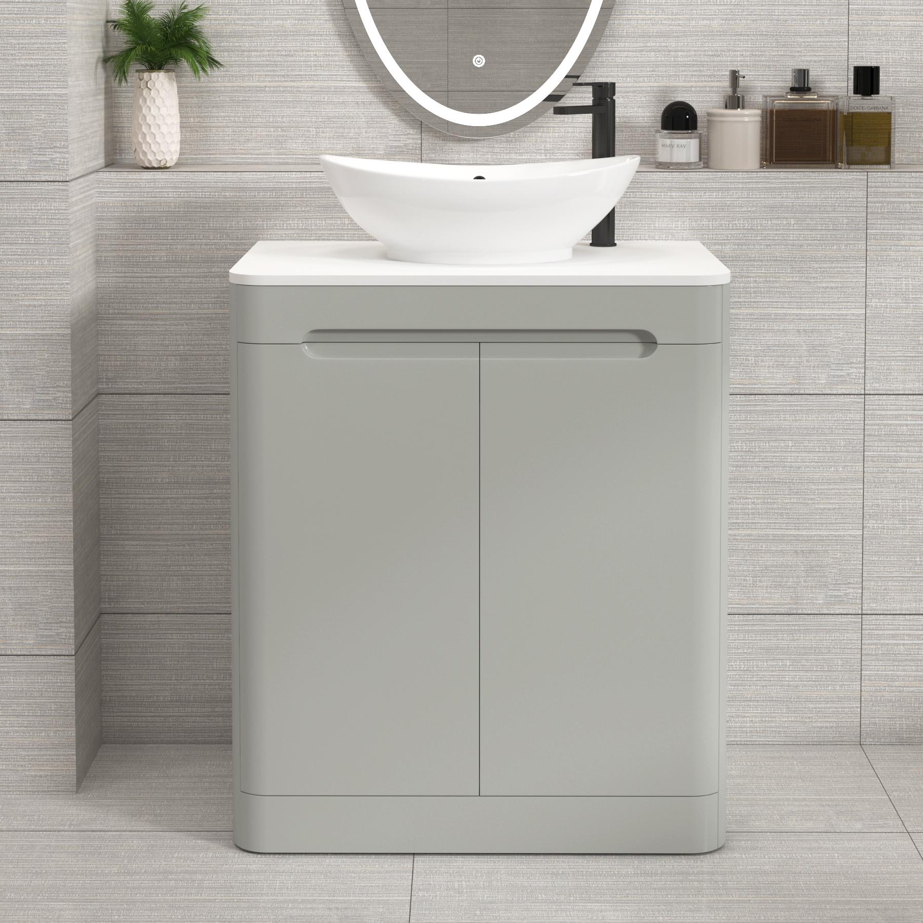 Venice 700mm Dove Grey Floor Standing Vanity Unit 2 Door Plain White Worktop with Amaze Basin