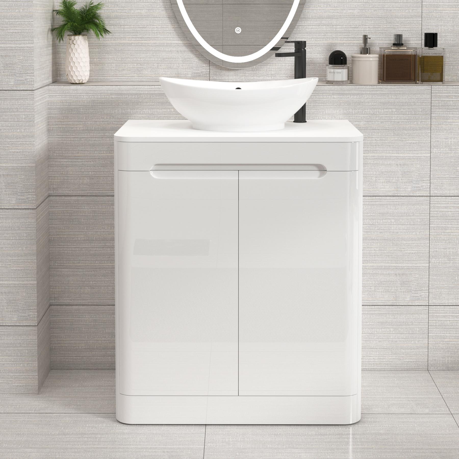 Venice Gloss White Floor Standing Vanity Unit 2 Door with Plain White Undrilled Worktop & Various Countertop Basins