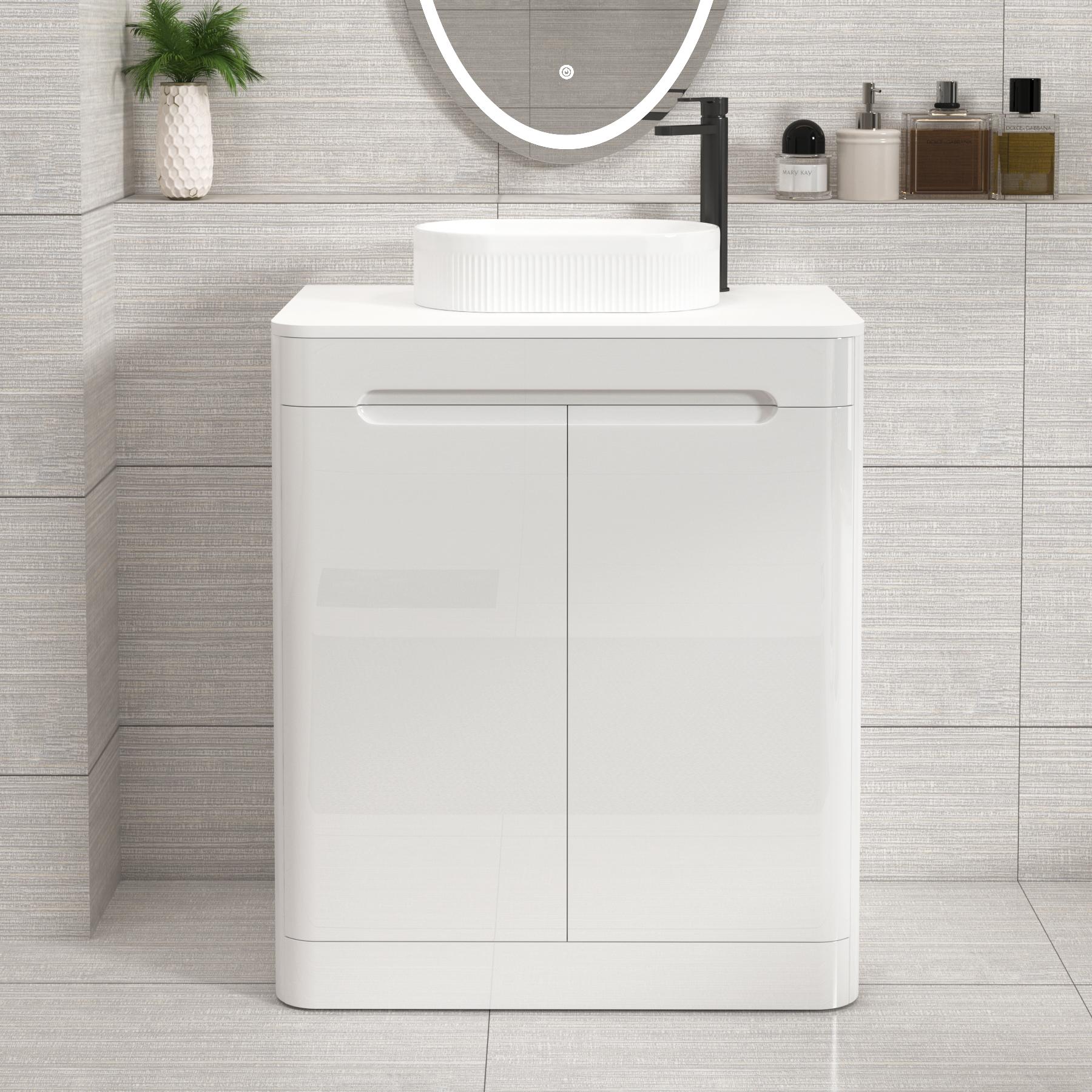 Venice Gloss White Floor Standing Vanity Unit 2 Door with Plain White Undrilled Worktop & Various Countertop Basins