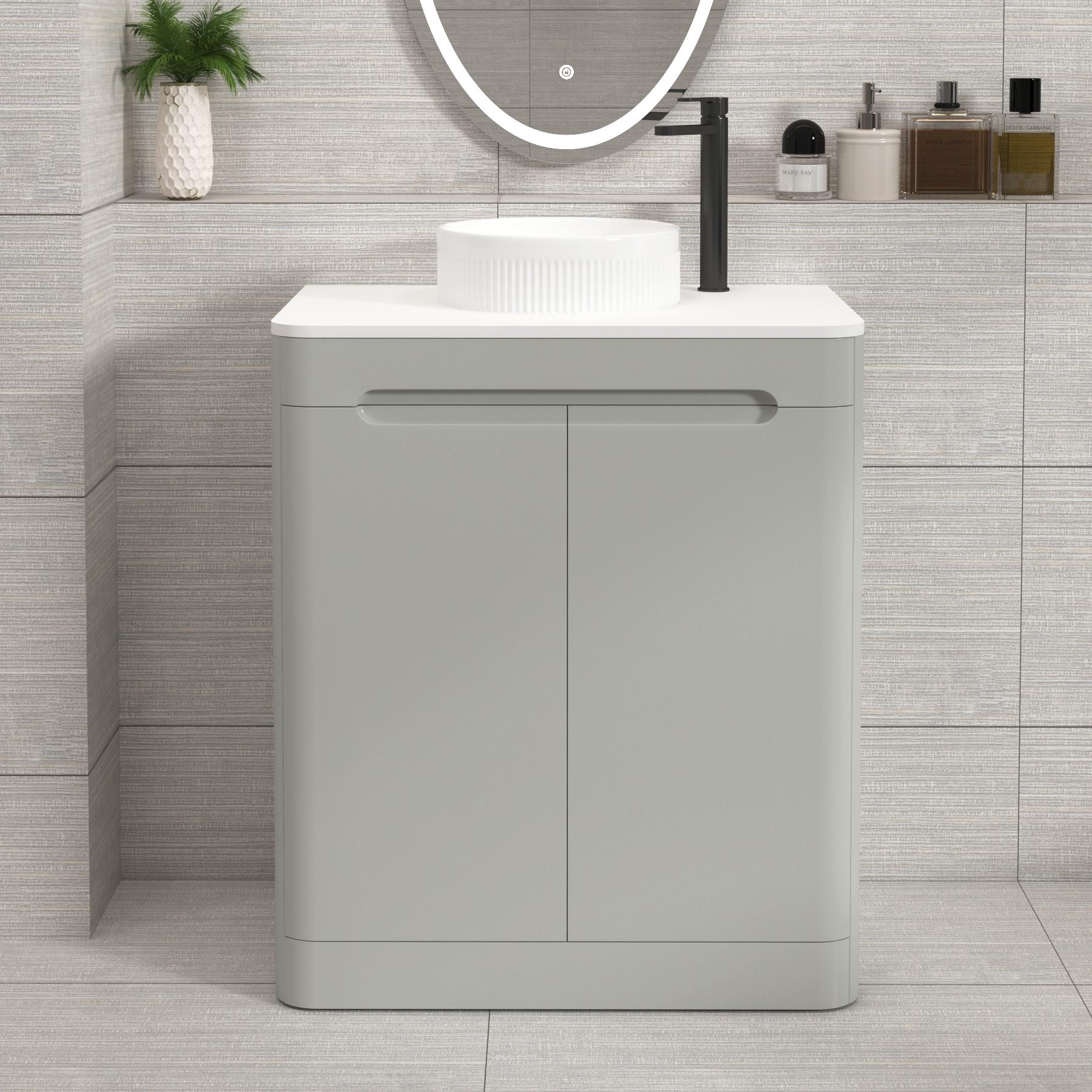 Venice 700mm Dove Grey Floor Standing Vanity Unit 2 Door Plain White Worktop with Round Basin