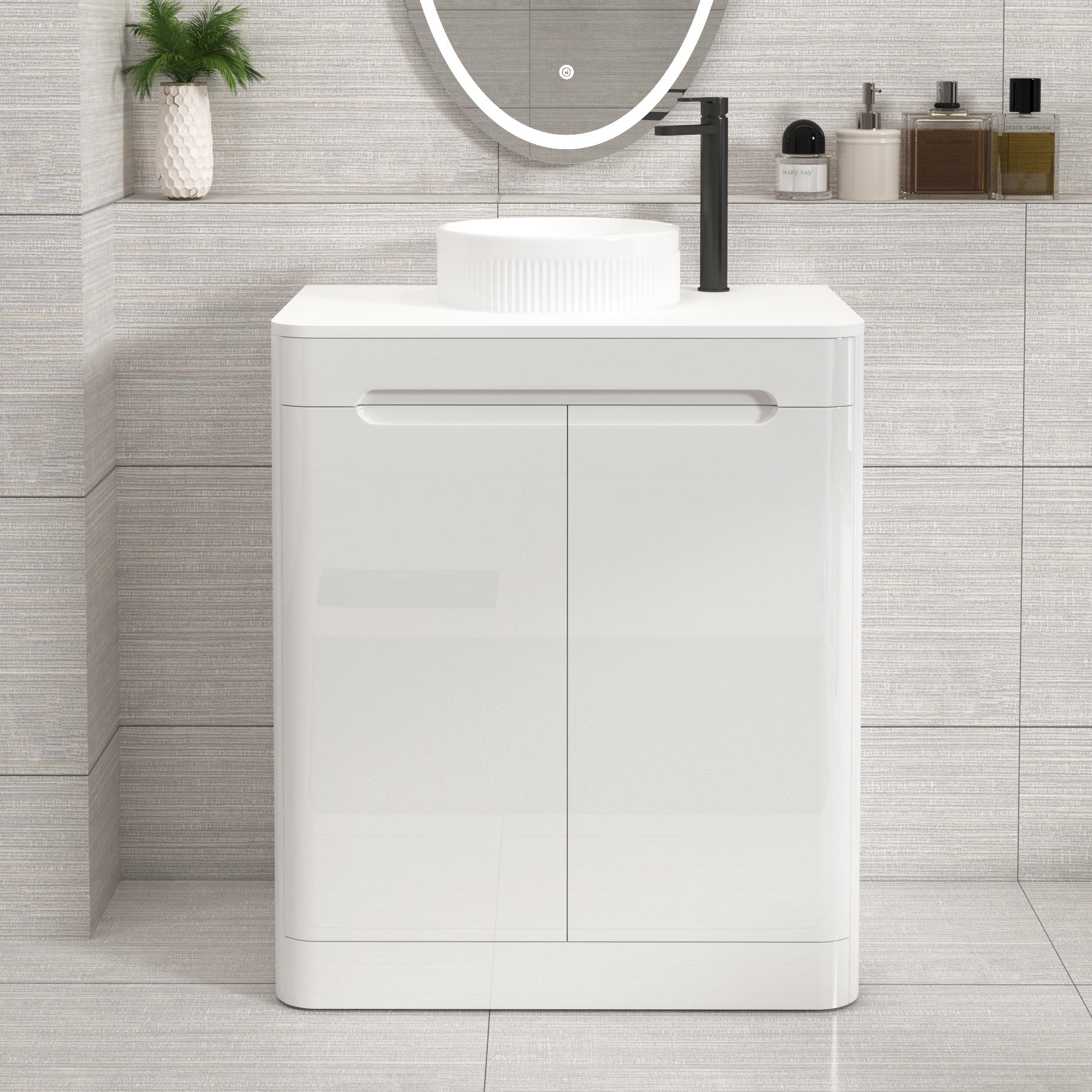 Venice Gloss White Floor Standing Vanity Unit 2 Door with Plain White Undrilled Worktop & Various Countertop Basins