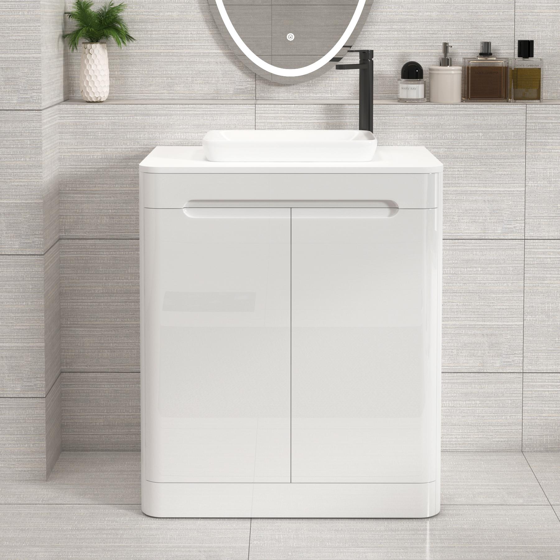 Venice Gloss White Floor Standing Vanity Unit 2 Door with Plain White Undrilled Worktop & Various Countertop Basins