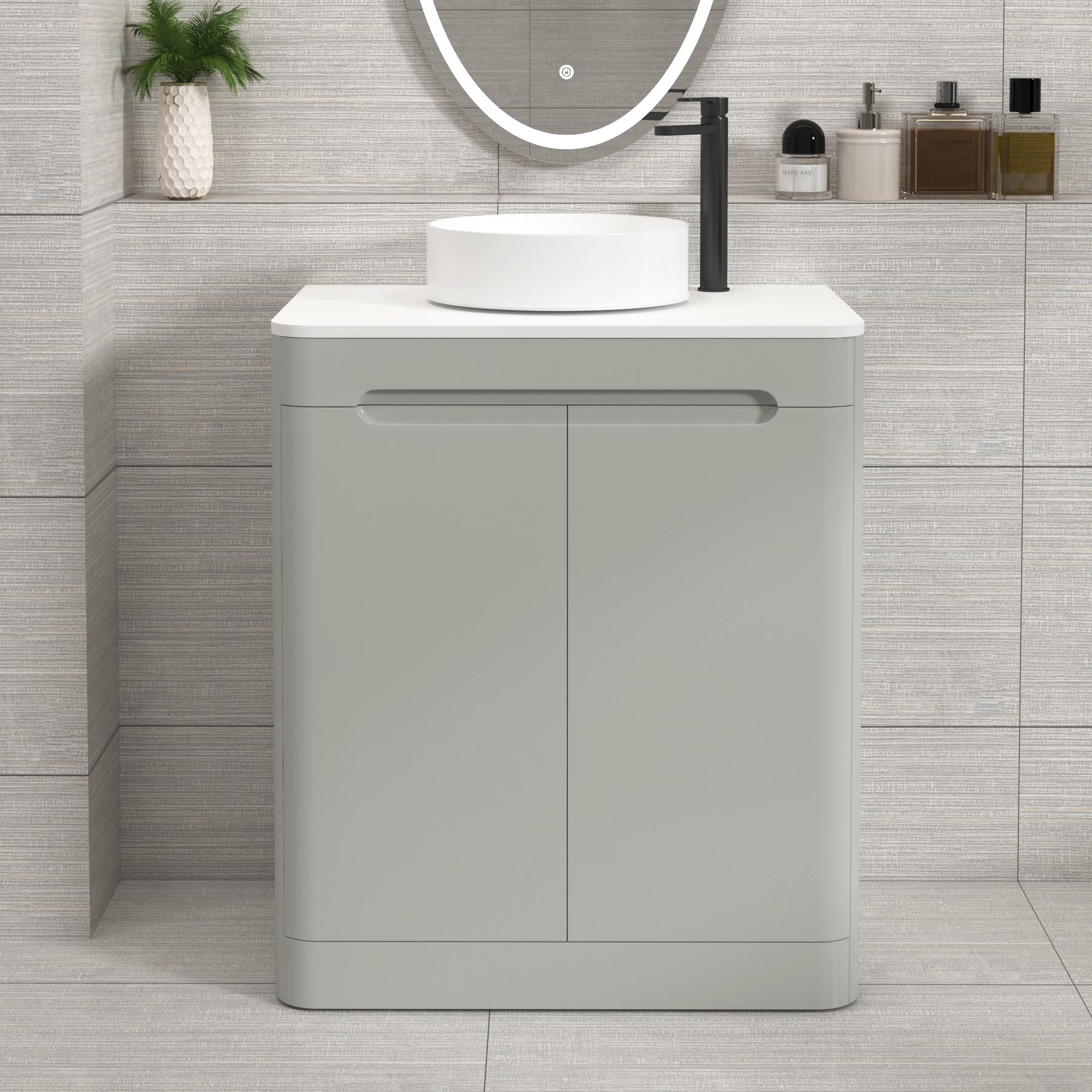 Venice 700mm Dove Grey Floor Standing Vanity Unit 2 Door Plain White Worktop with Art Basin