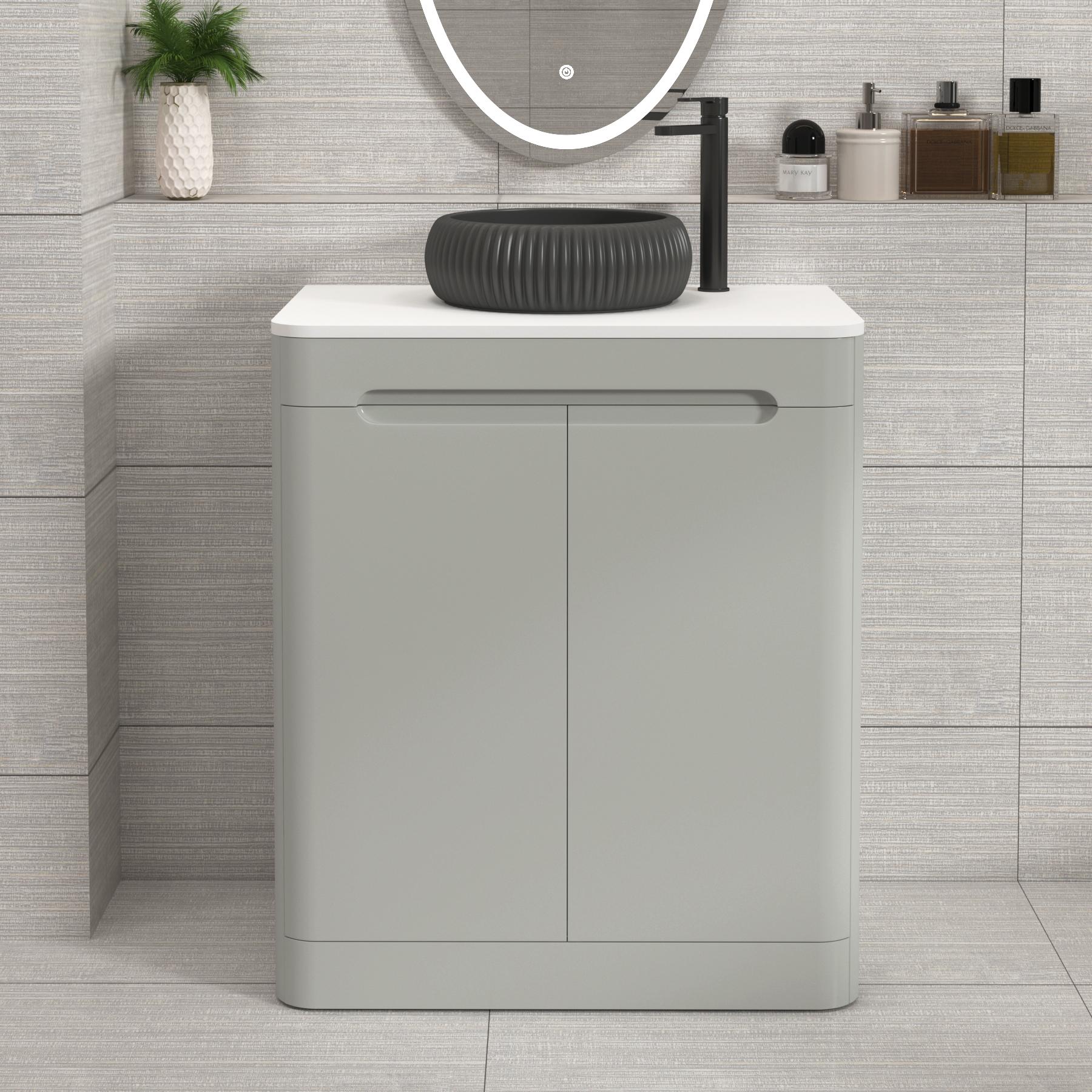 Venice 700mm Dove Grey Floor Standing Vanity Unit 2 Door Plain White Worktop with Milan Black Basin