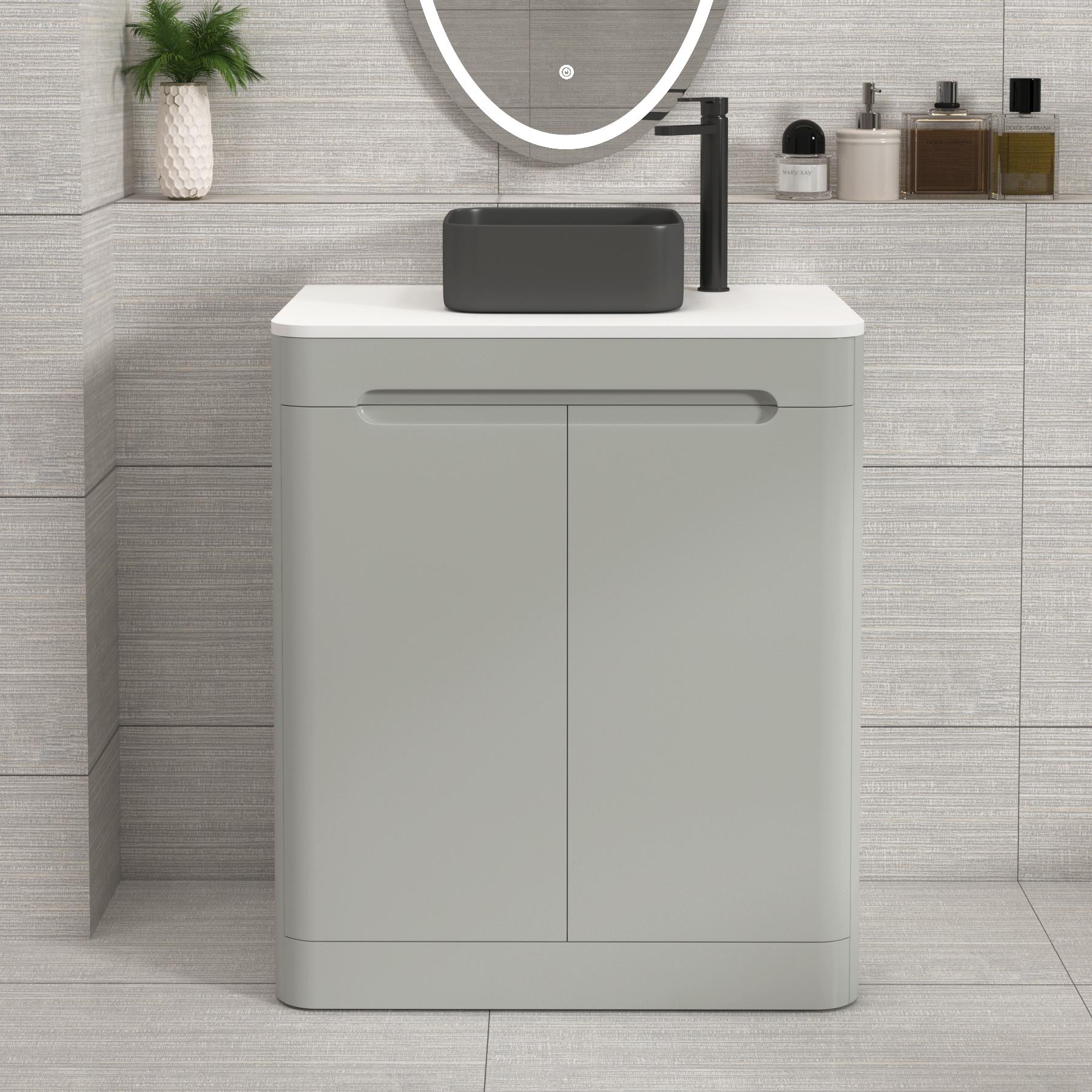 Venice 700mm Dove Grey Floor Standing Vanity Unit 2 Door Plain White Worktop with Art Square Basin