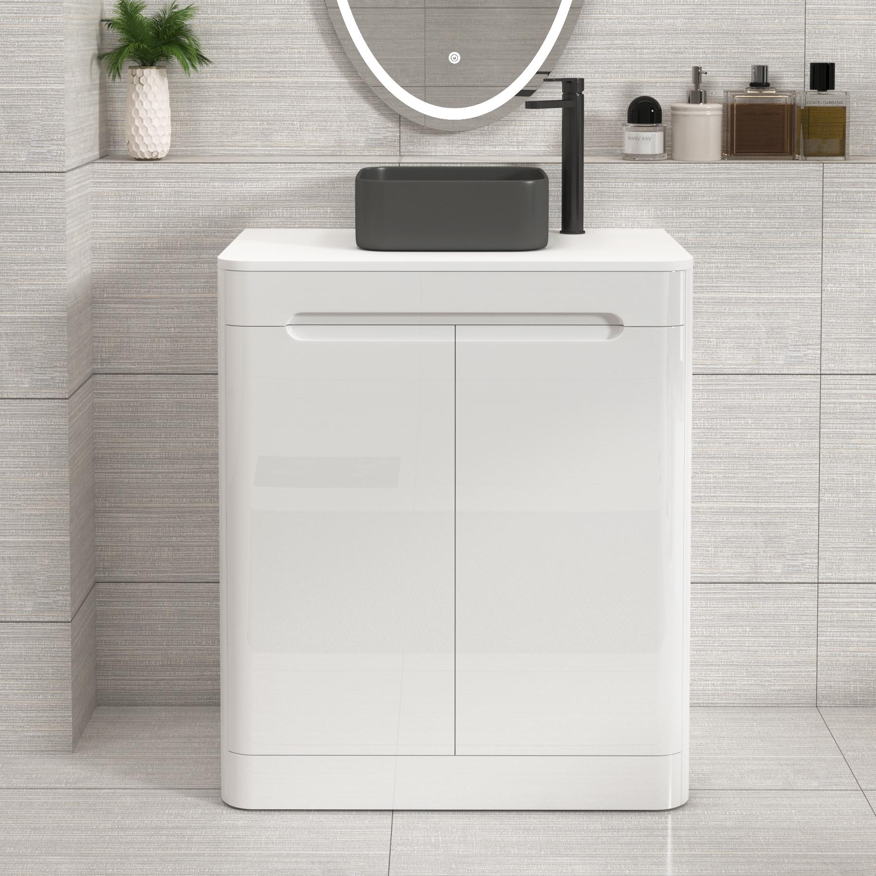 Venice 700mm Gloss White Floor Standing Vanity Unit 2 Door Plain White Worktop with Art Square Basin