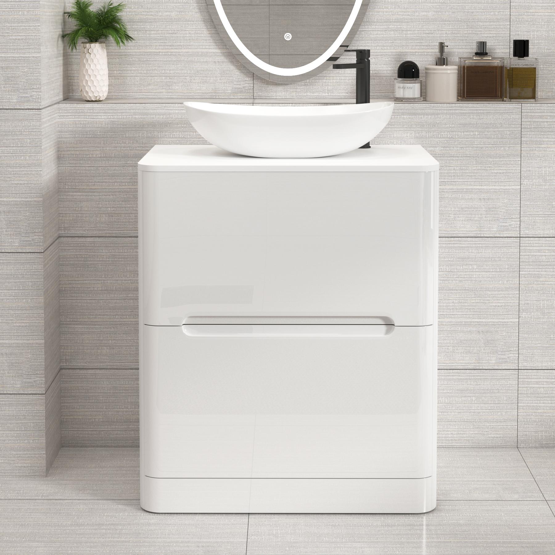 Venice Gloss White Floor Standing Vanity Unit 2 Drawer with Plain White Undrilled Worktop & Various Countertop Basins