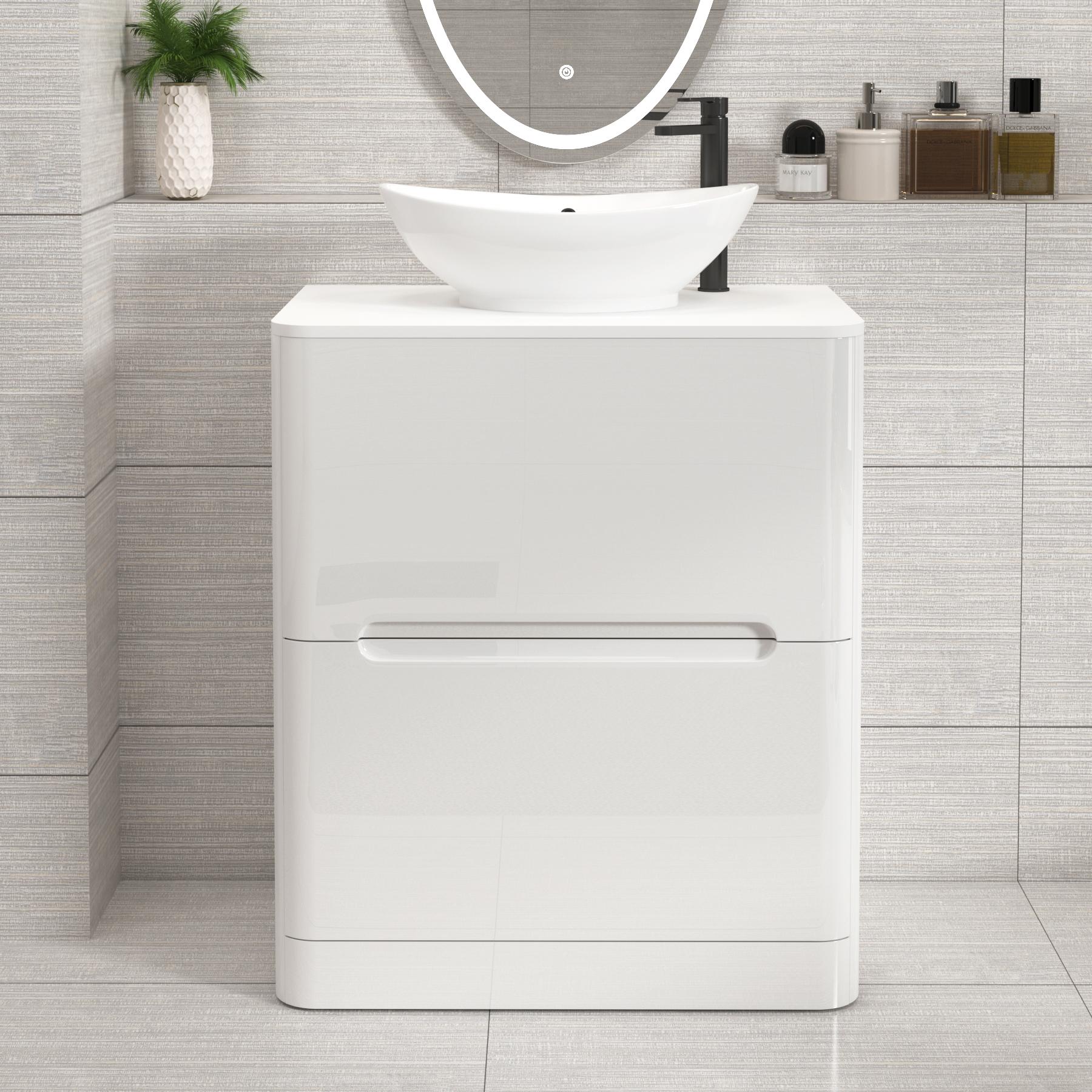 Venice Gloss White Floor Standing Vanity Unit 2 Drawer with Plain White Undrilled Worktop & Various Countertop Basins