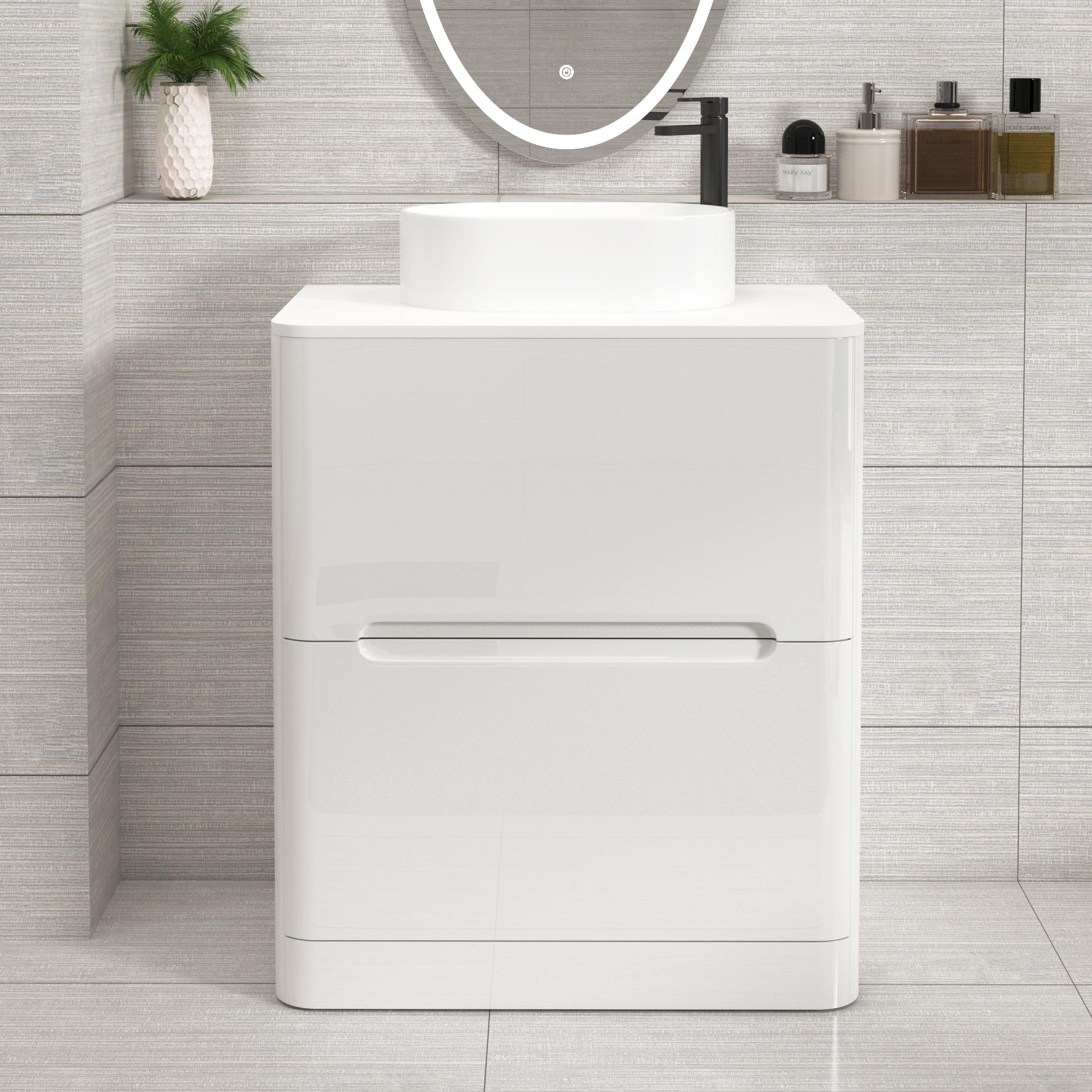 Venice Gloss White Floor Standing Vanity Unit 2 Drawer with Plain White Undrilled Worktop & Various Countertop Basins