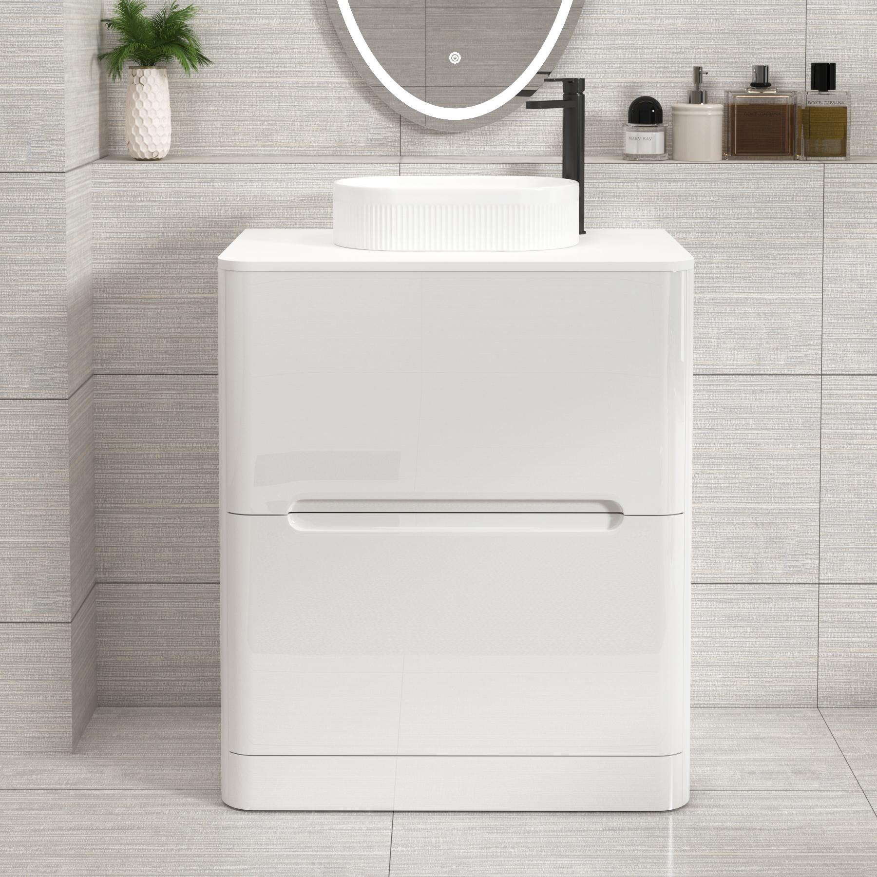 Venice Gloss White Floor Standing Vanity Unit 2 Drawer with Plain White Undrilled Worktop & Various Countertop Basins