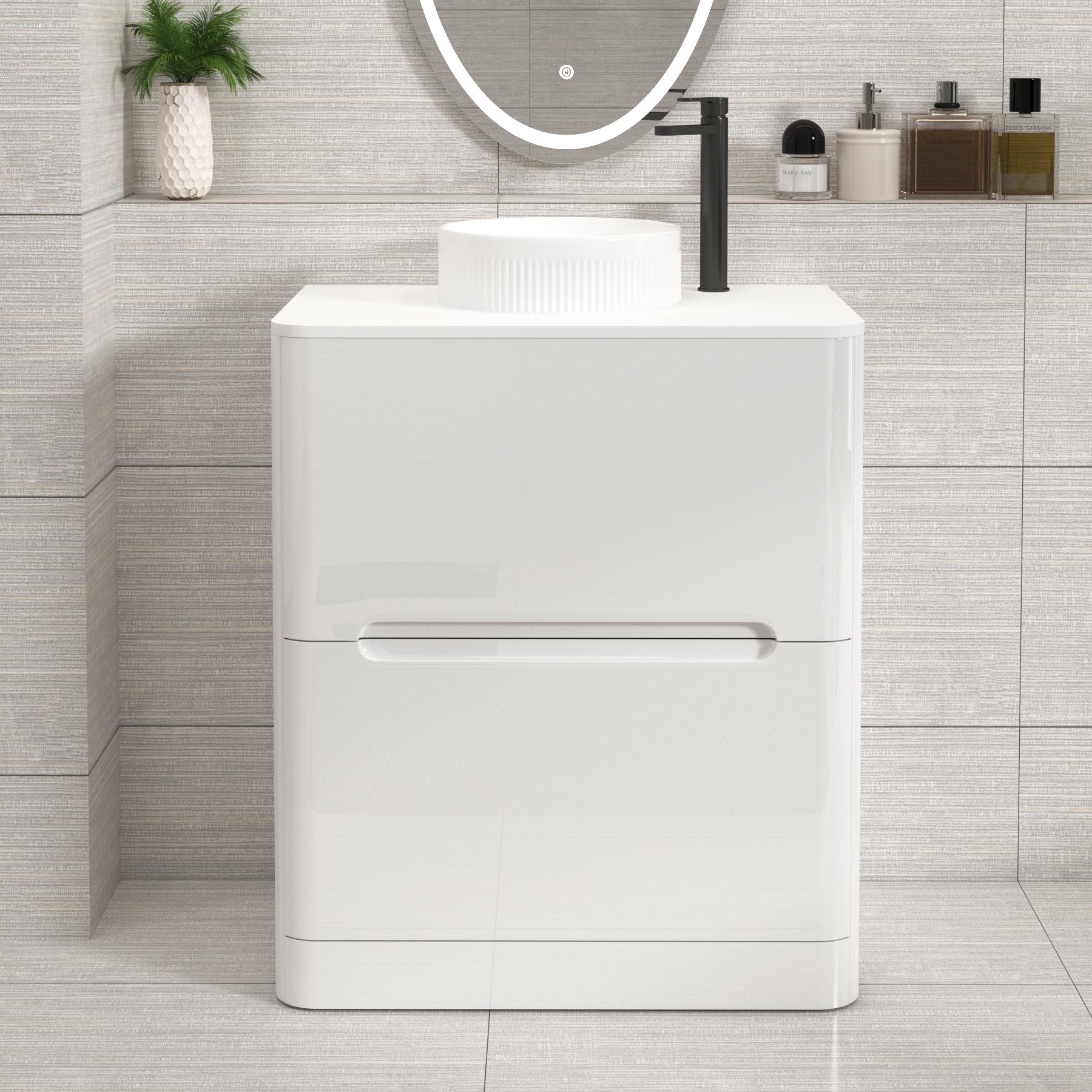 Venice Gloss White Floor Standing Vanity Unit 2 Drawer with Plain White Undrilled Worktop & Various Countertop Basins