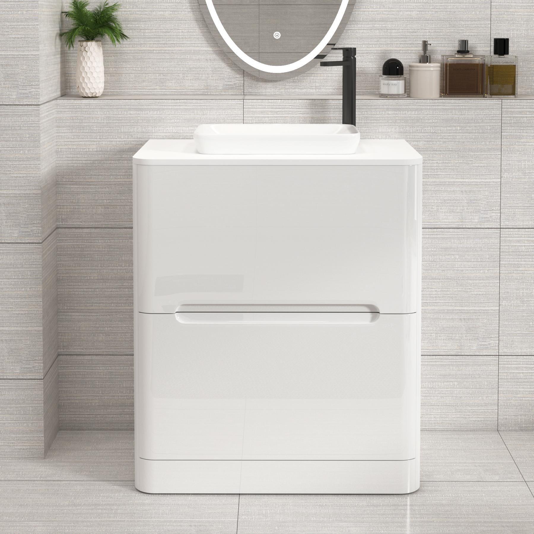 Venice Gloss White Floor Standing Vanity Unit 2 Drawer with Plain White Undrilled Worktop & Various Countertop Basins