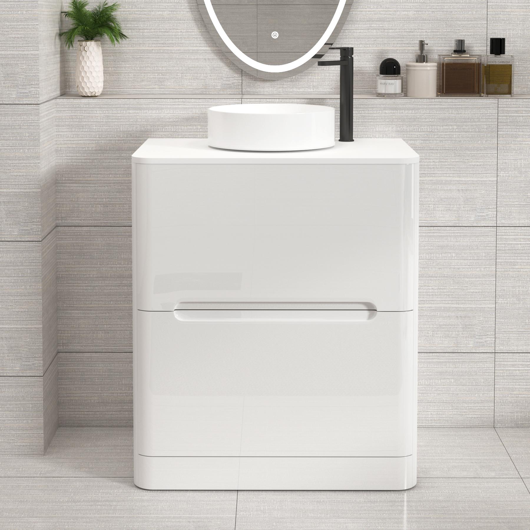 Venice Gloss White Floor Standing Vanity Unit 2 Drawer with Plain White Undrilled Worktop & Various Countertop Basins