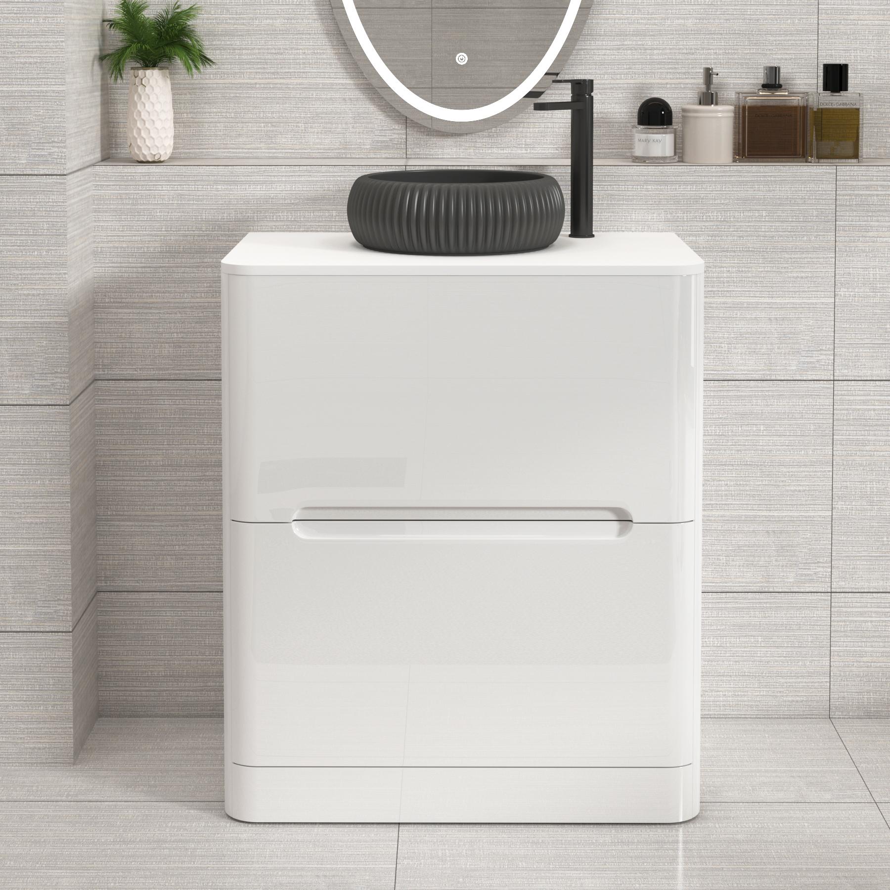 Venice Gloss White Floor Standing Vanity Unit 2 Drawer with Plain White Undrilled Worktop & Various Countertop Basins
