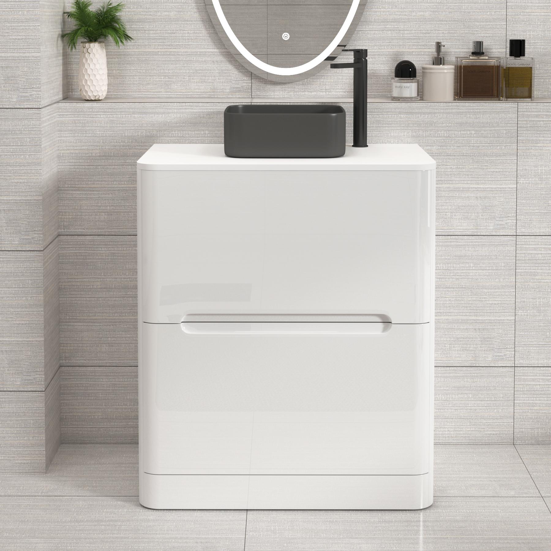 Venice 700mm Gloss White Floor Standing Vanity Unit 2 Drawer Plain White Worktop with Art Square Basin